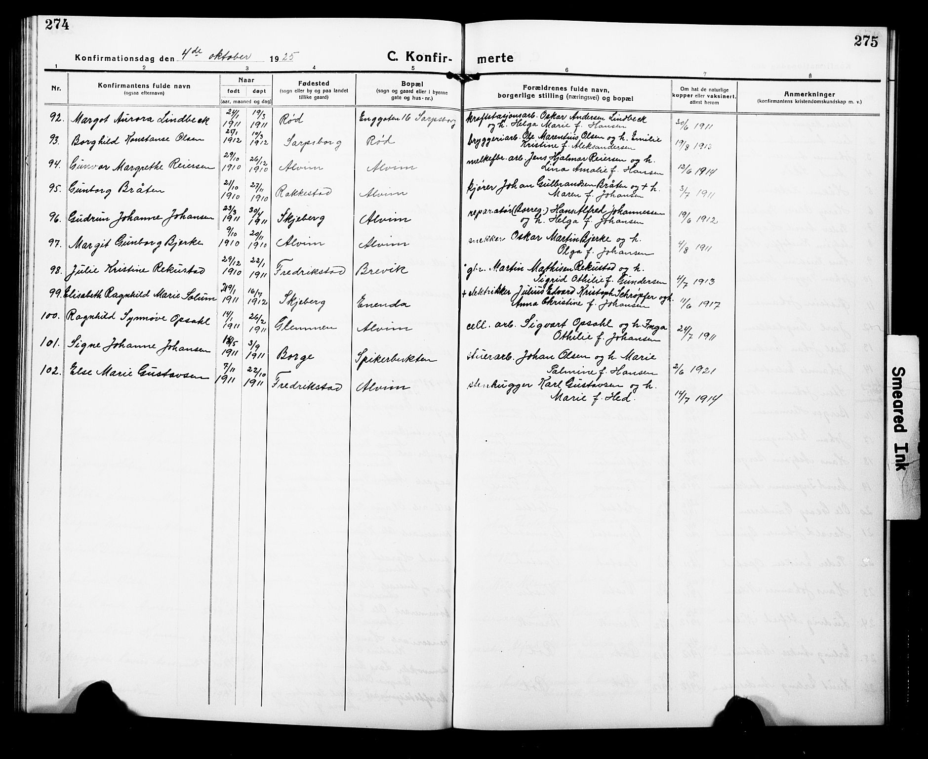 Tune prestekontor Kirkebøker, AV/SAO-A-2007/G/Ga/L0004: Parish register (copy) no. I 4, 1919-1928, p. 274-275