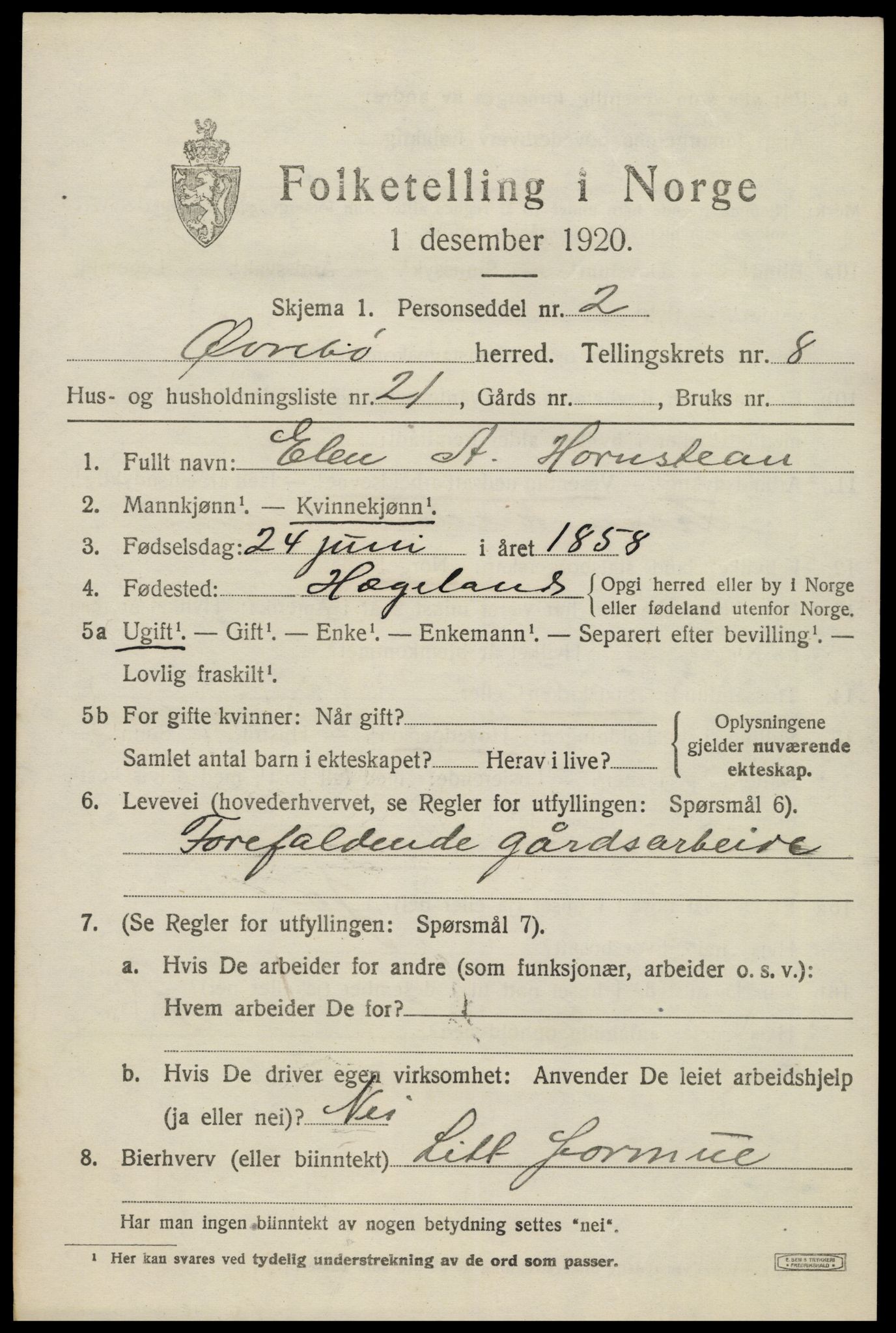 SAK, 1920 census for Øvrebø, 1920, p. 1920