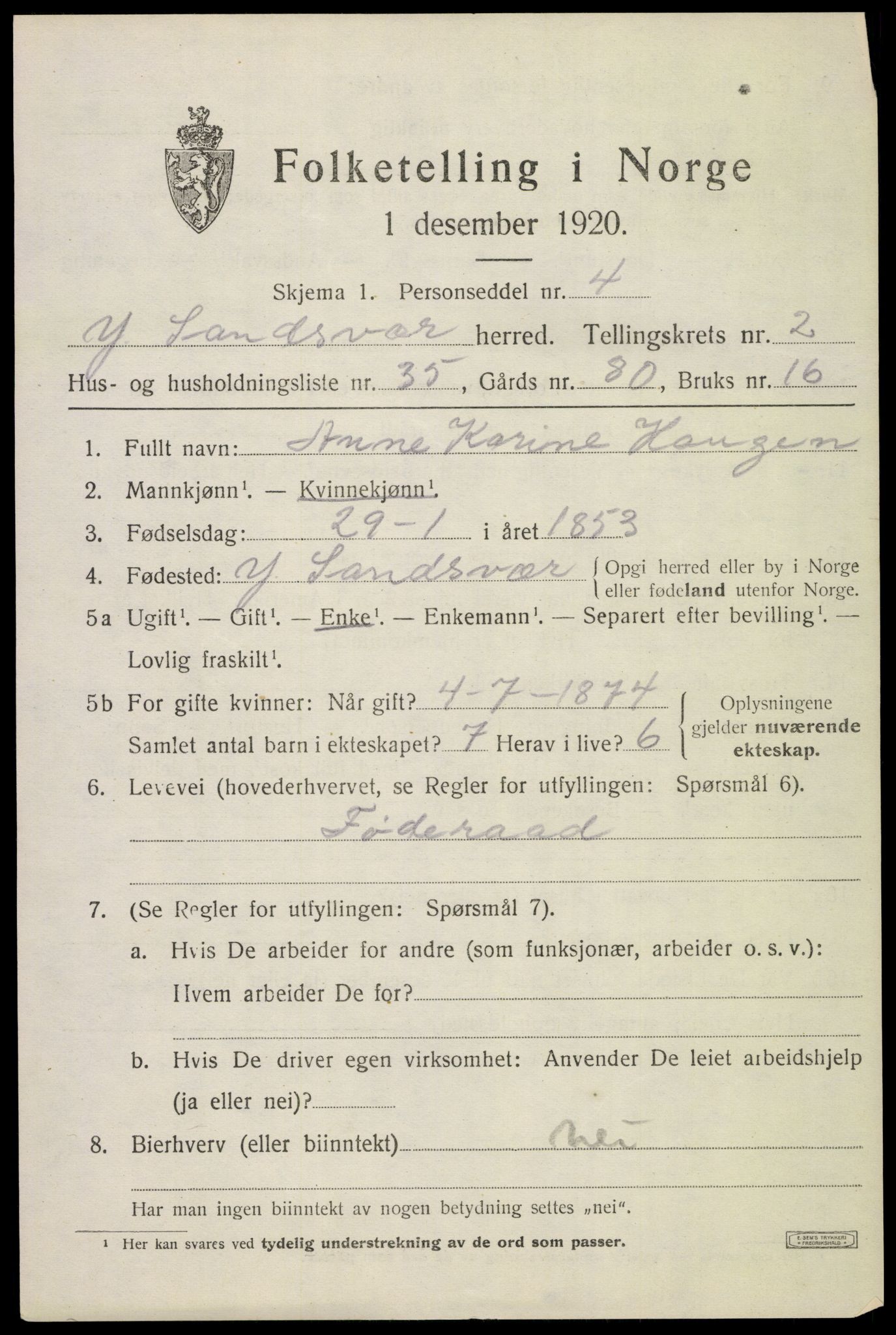 SAKO, 1920 census for Ytre Sandsvær, 1920, p. 3022