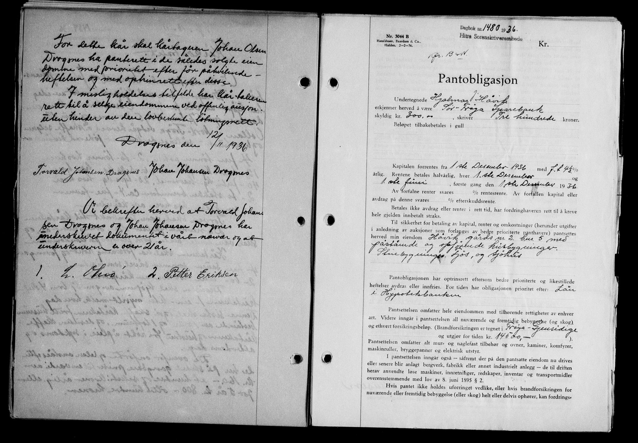 Hitra sorenskriveri, AV/SAT-A-0018/2/2C/2Ca/L0028: Mortgage book no. B-1, 1936-1939, Diary no: : 1480/1936