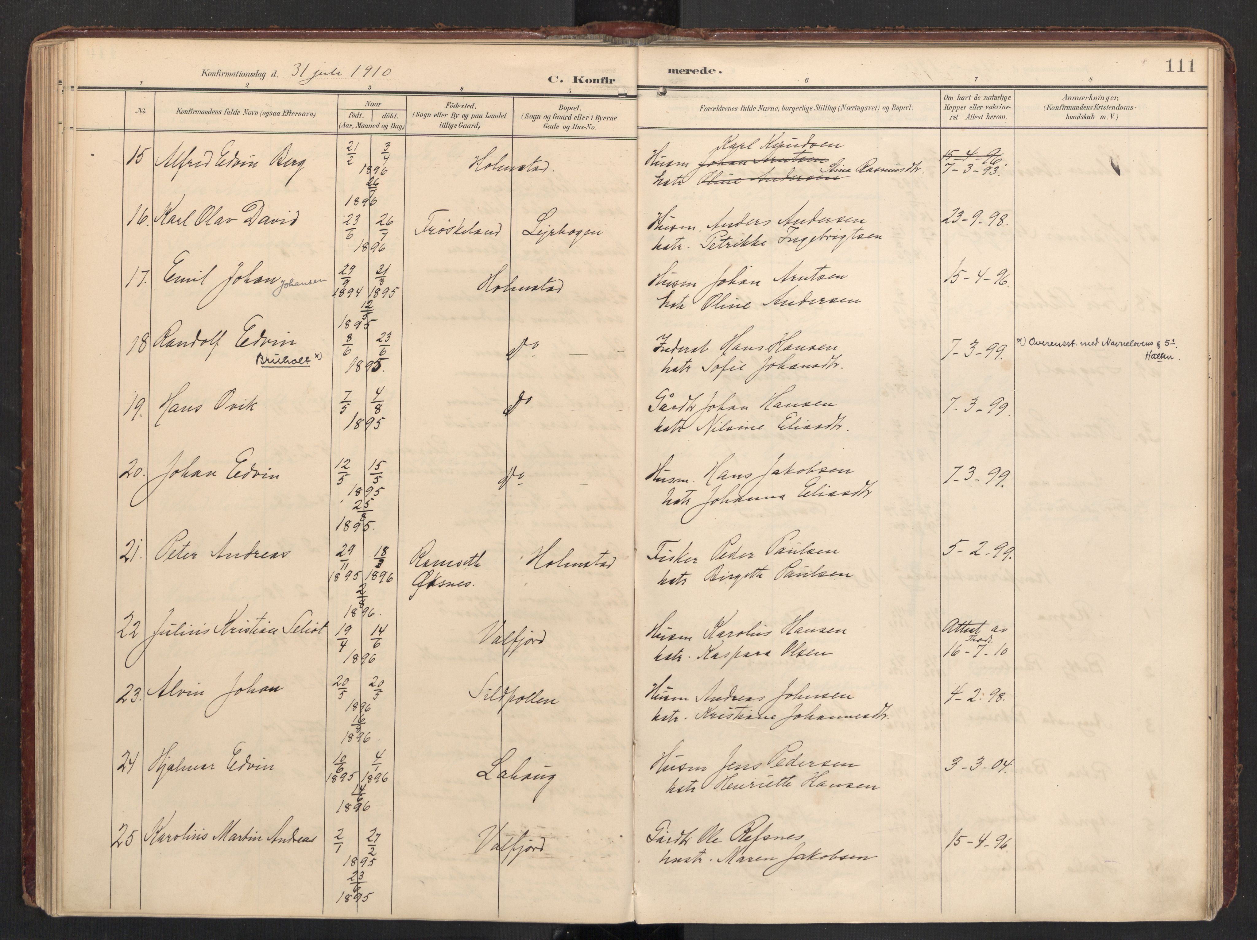 Ministerialprotokoller, klokkerbøker og fødselsregistre - Nordland, AV/SAT-A-1459/890/L1287: Parish register (official) no. 890A02, 1903-1915, p. 111