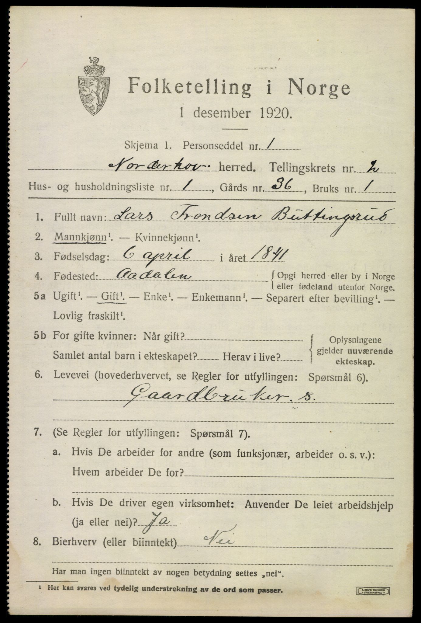 SAKO, 1920 census for Norderhov, 1920, p. 4470