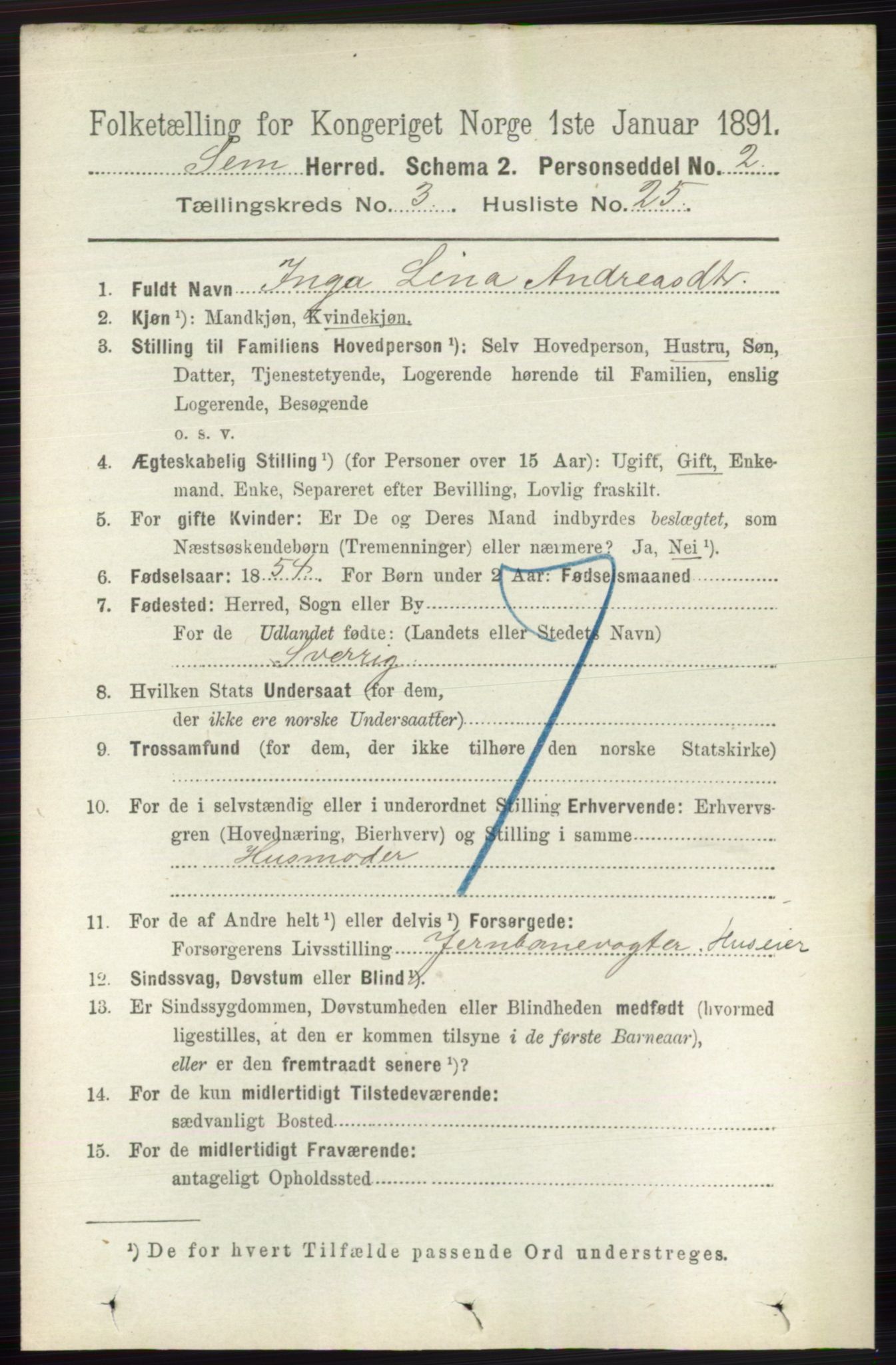 RA, 1891 census for 0721 Sem, 1891, p. 1207