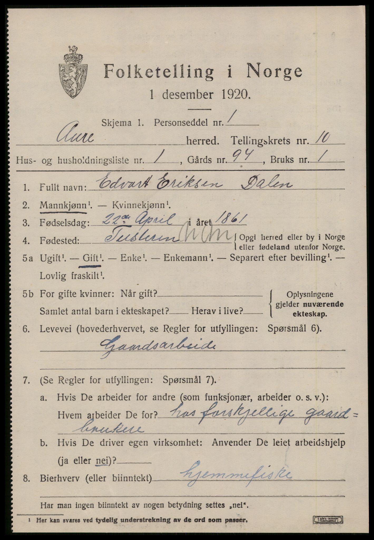 SAT, 1920 census for Aure, 1920, p. 3976