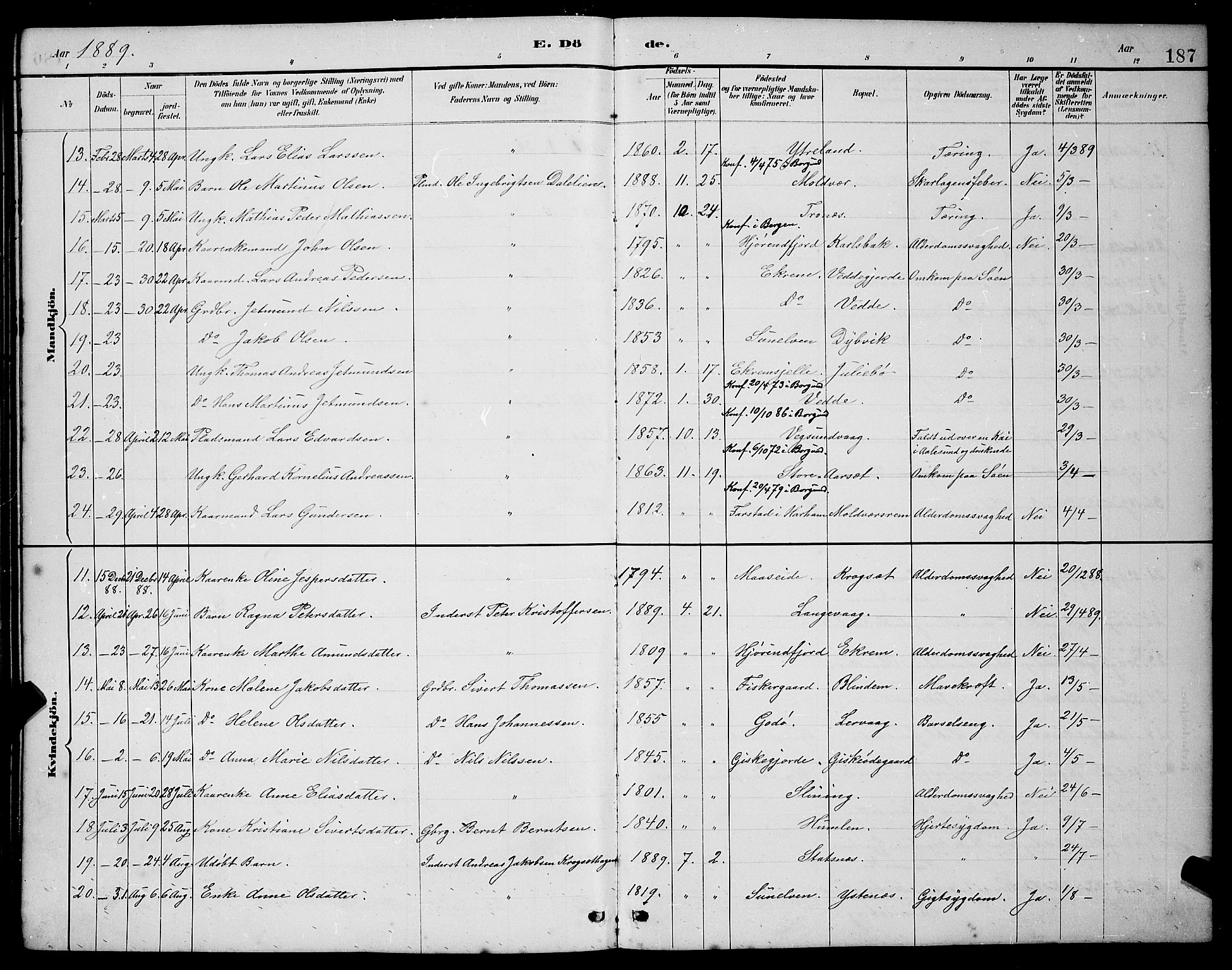 Ministerialprotokoller, klokkerbøker og fødselsregistre - Møre og Romsdal, SAT/A-1454/528/L0430: Parish register (copy) no. 528C11, 1884-1899, p. 187