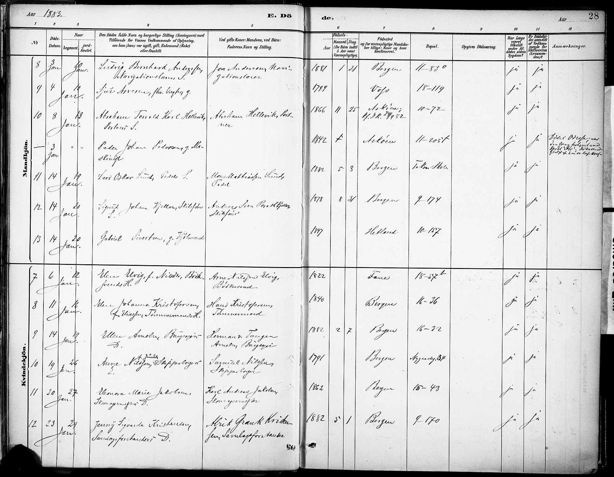 Domkirken sokneprestembete, AV/SAB-A-74801/H/Haa/L0043: Parish register (official) no. E 5, 1882-1904, p. 28