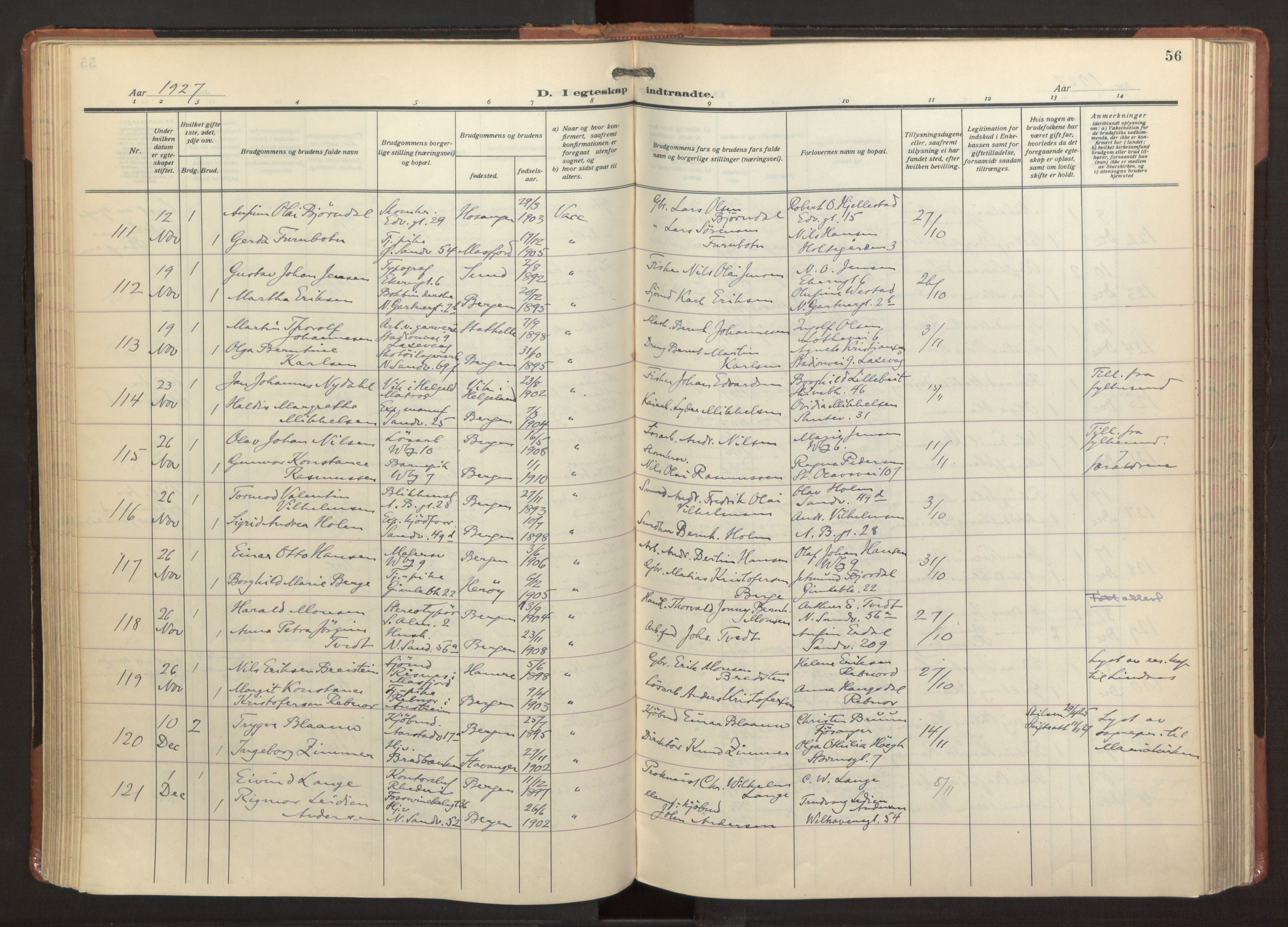 Sandviken Sokneprestembete, SAB/A-77601/H/Ha/L0016: Parish register (official) no. D 3, 1923-1940, p. 56