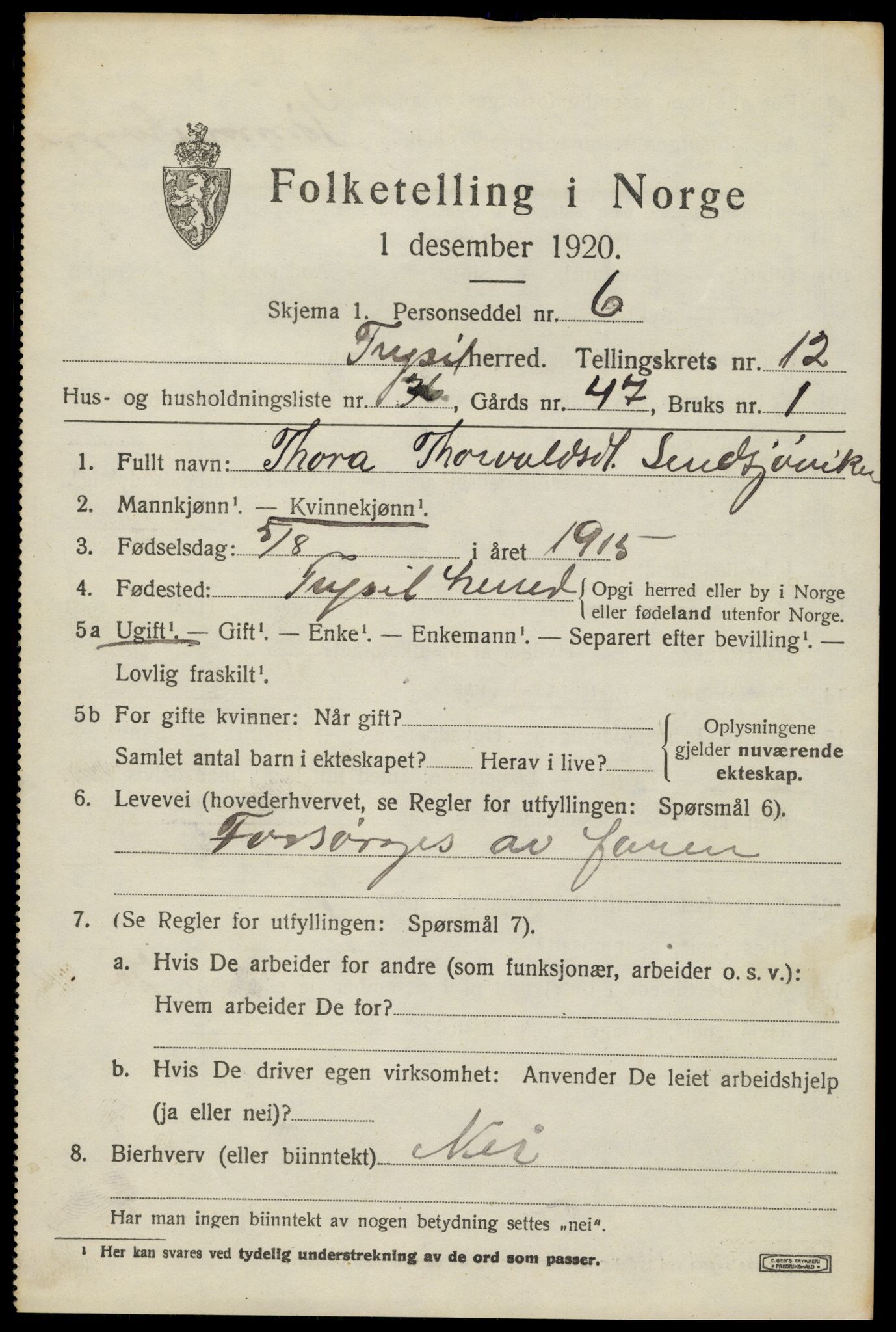 SAH, 1920 census for Trysil, 1920, p. 7597