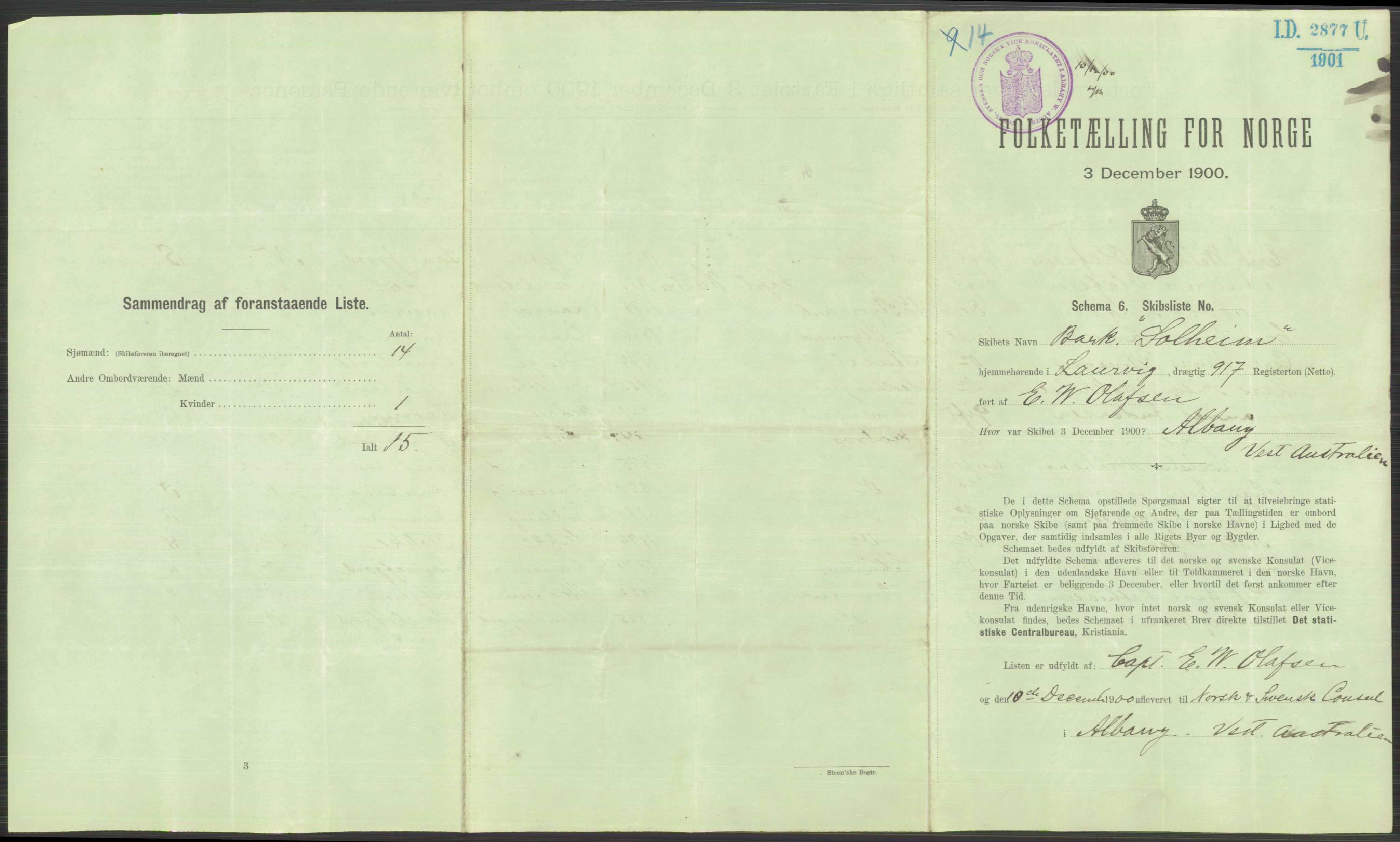 RA, 1900 Census - ship lists from ships in Norwegian harbours, harbours abroad and at sea, 1900, p. 5023