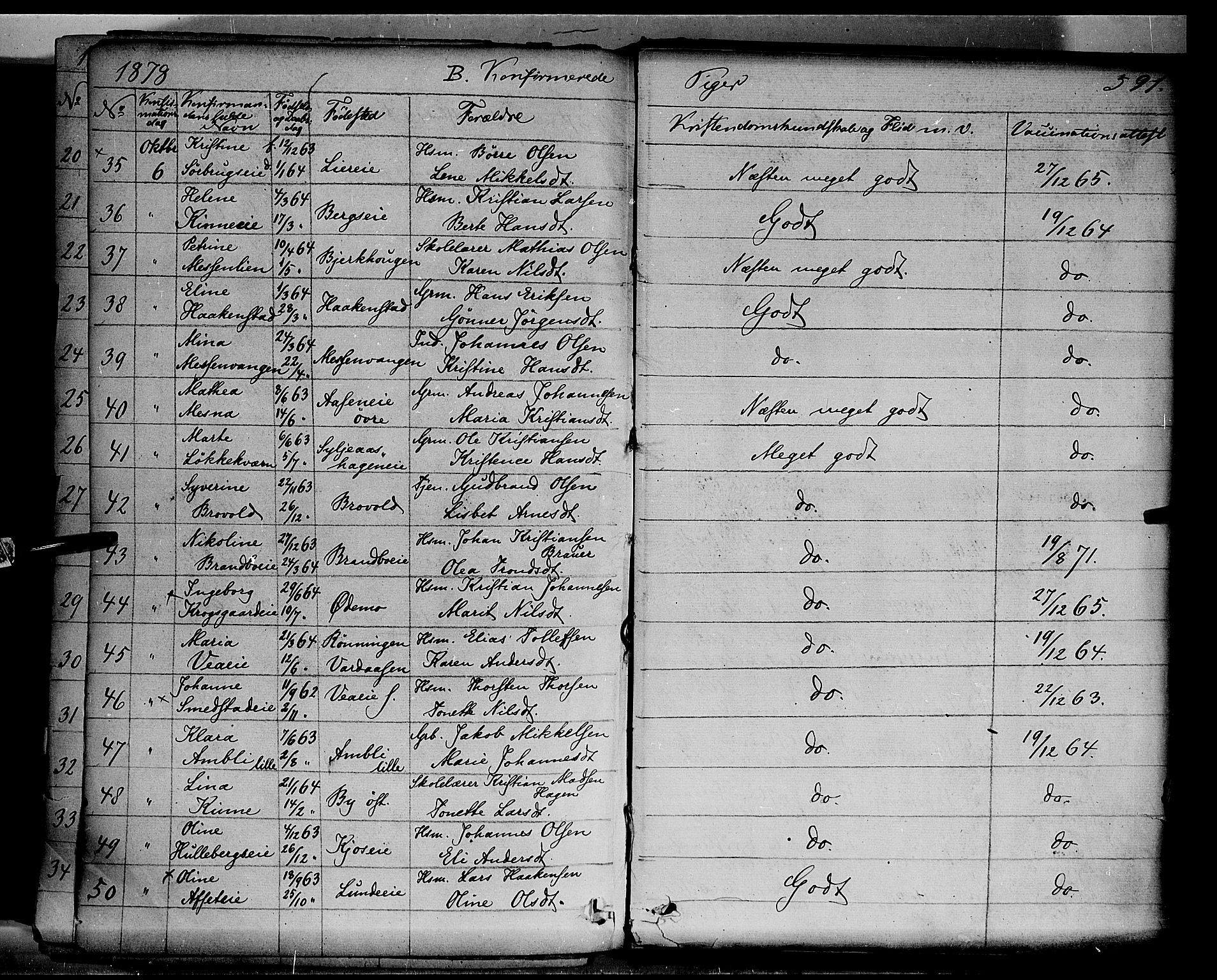 Ringsaker prestekontor, AV/SAH-PREST-014/K/Ka/L0011: Parish register (official) no. 11, 1870-1878, p. 591