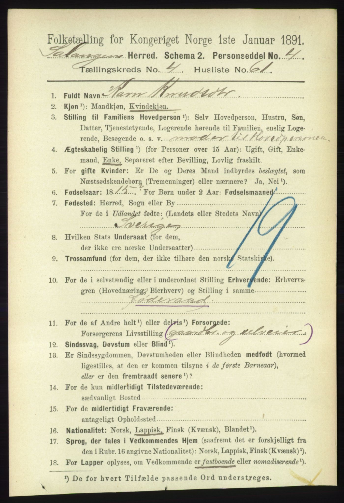 RA, 1891 census for 1921 Salangen, 1891, p. 2210