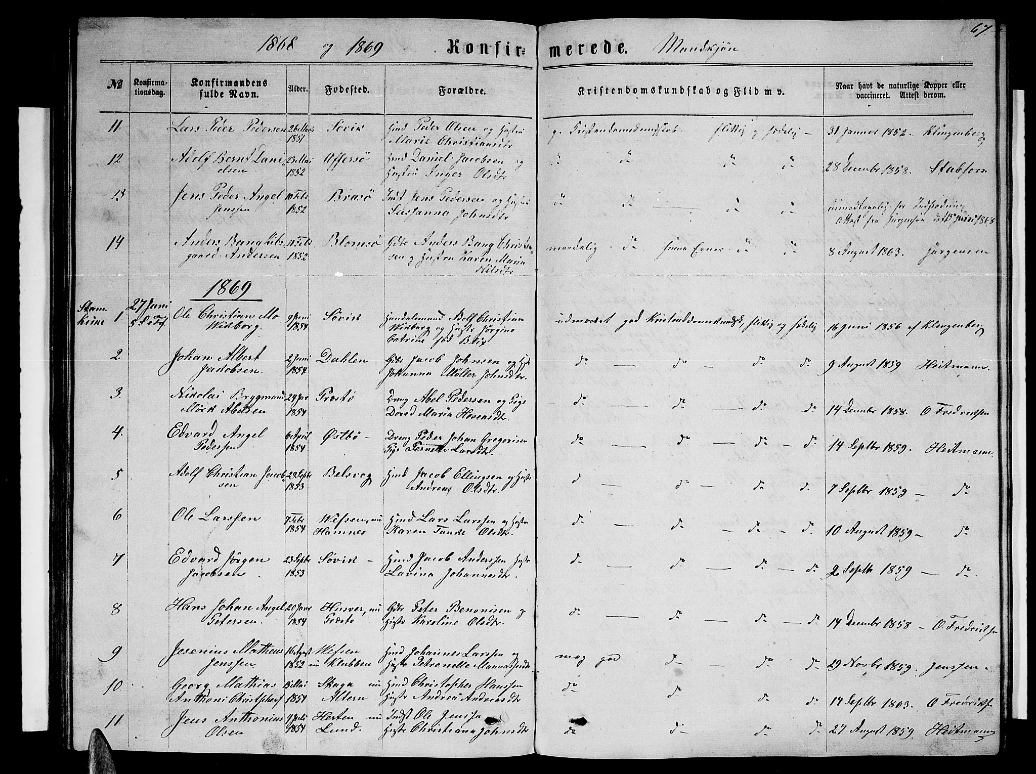 Ministerialprotokoller, klokkerbøker og fødselsregistre - Nordland, SAT/A-1459/830/L0461: Parish register (copy) no. 830C03, 1866-1881, p. 67