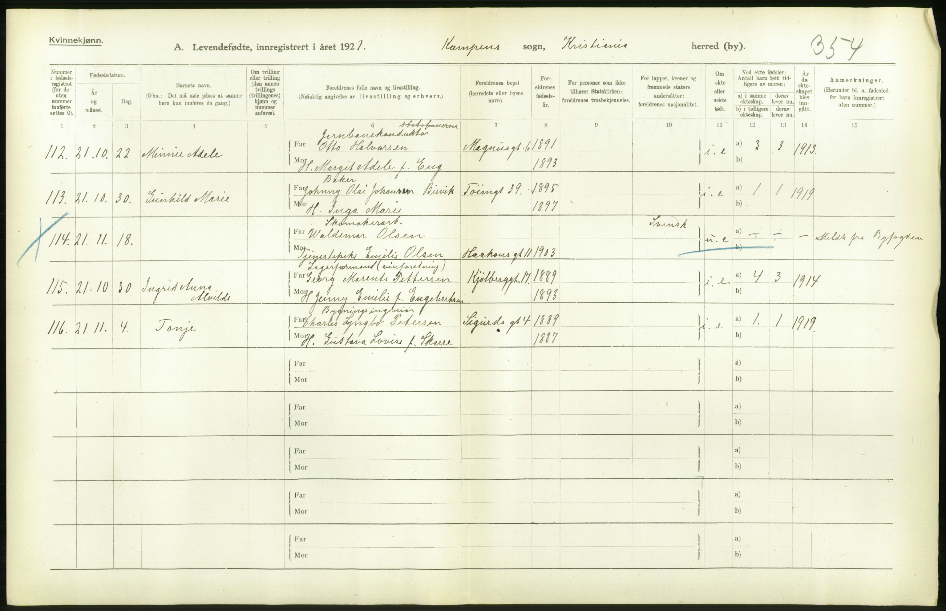 Statistisk sentralbyrå, Sosiodemografiske emner, Befolkning, RA/S-2228/D/Df/Dfc/Dfca/L0009: Kristiania: Levendefødte menn og kvinner., 1921, p. 156