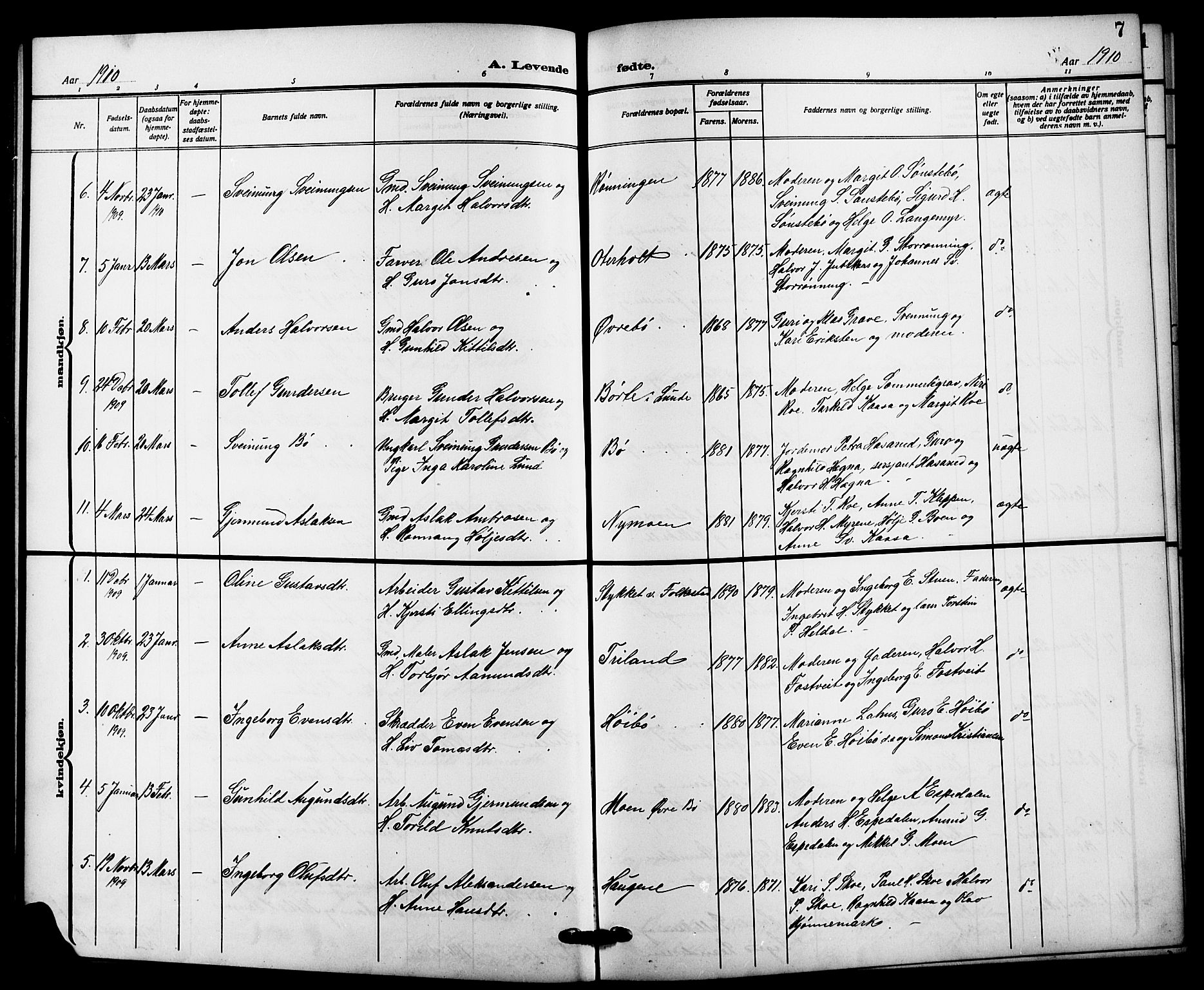 Bø kirkebøker, AV/SAKO-A-257/G/Ga/L0007: Parish register (copy) no. 7, 1909-1924, p. 7