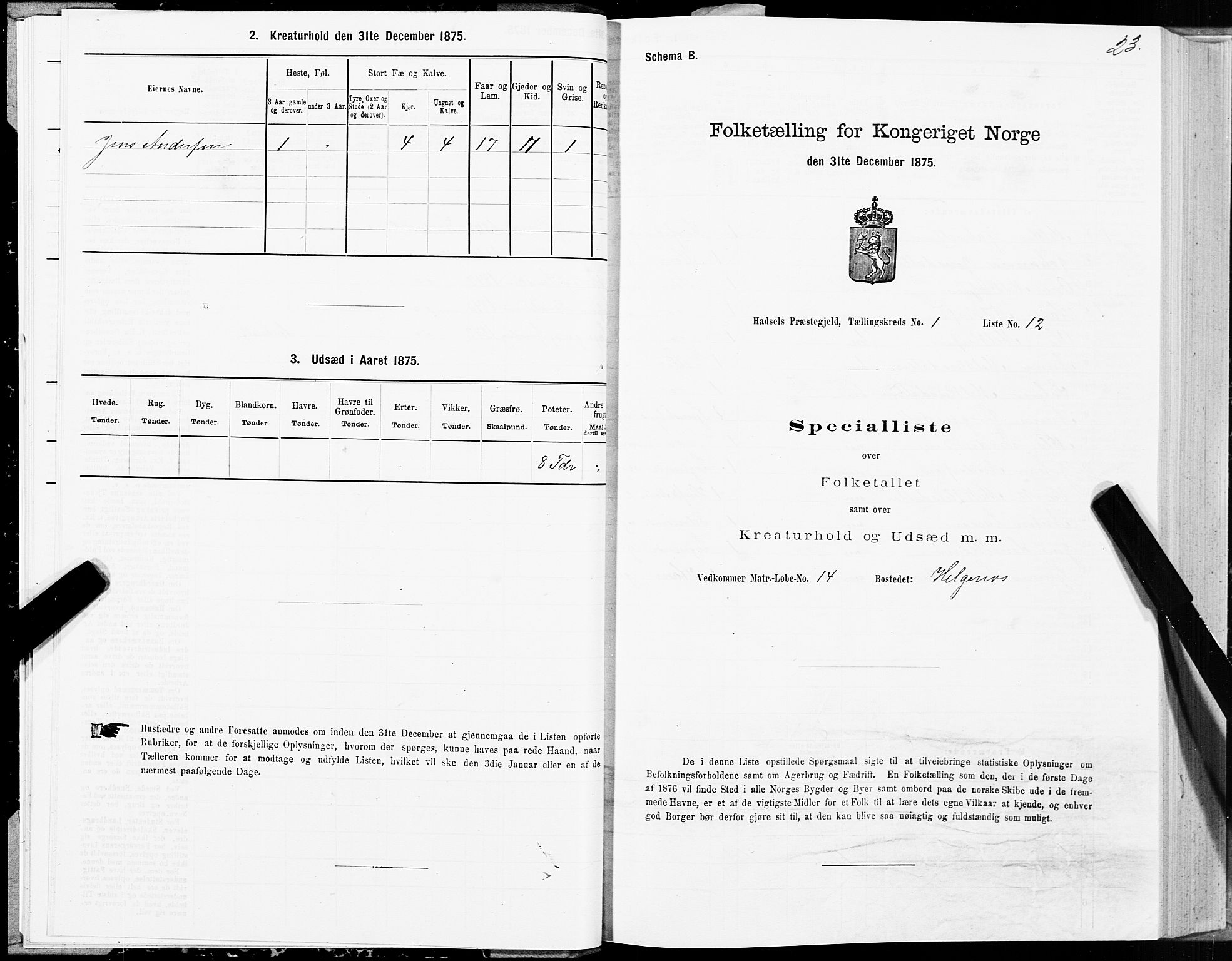 SAT, 1875 census for 1866P Hadsel, 1875, p. 1023