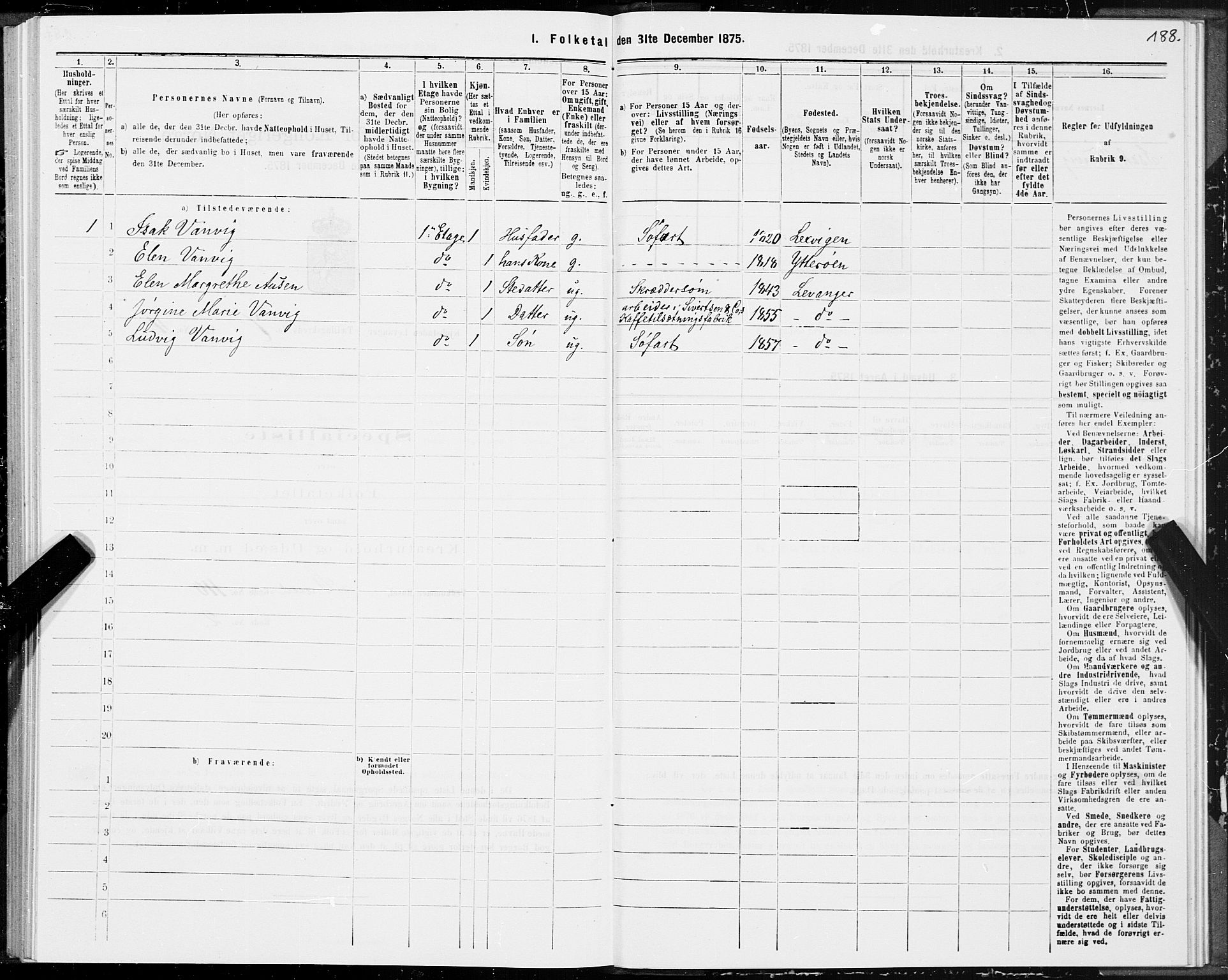 SAT, 1875 census for 1701B Levanger/Levanger, 1875, p. 188