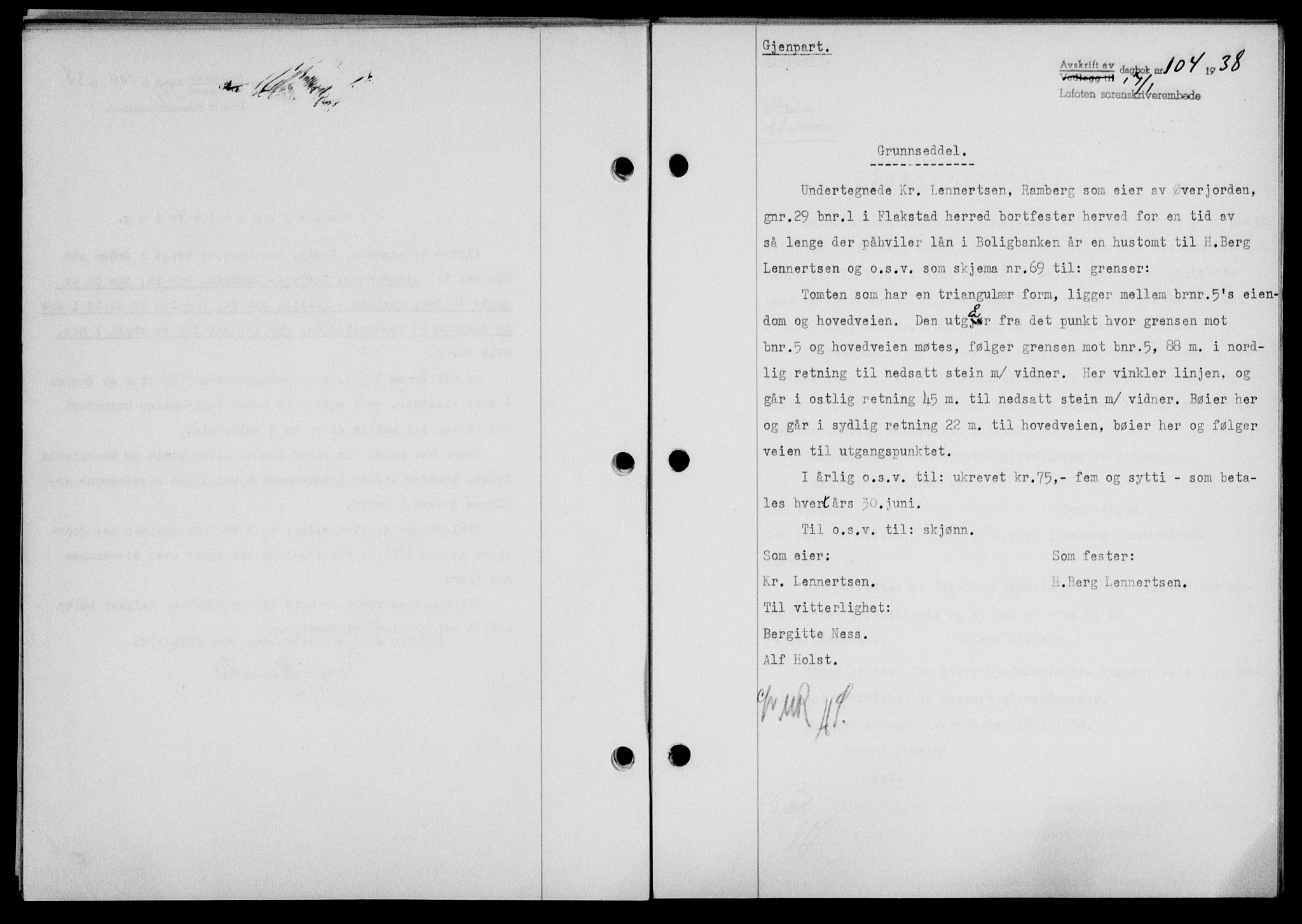Lofoten sorenskriveri, SAT/A-0017/1/2/2C/L0003a: Mortgage book no. 3a, 1937-1938, Diary no: : 104/1938