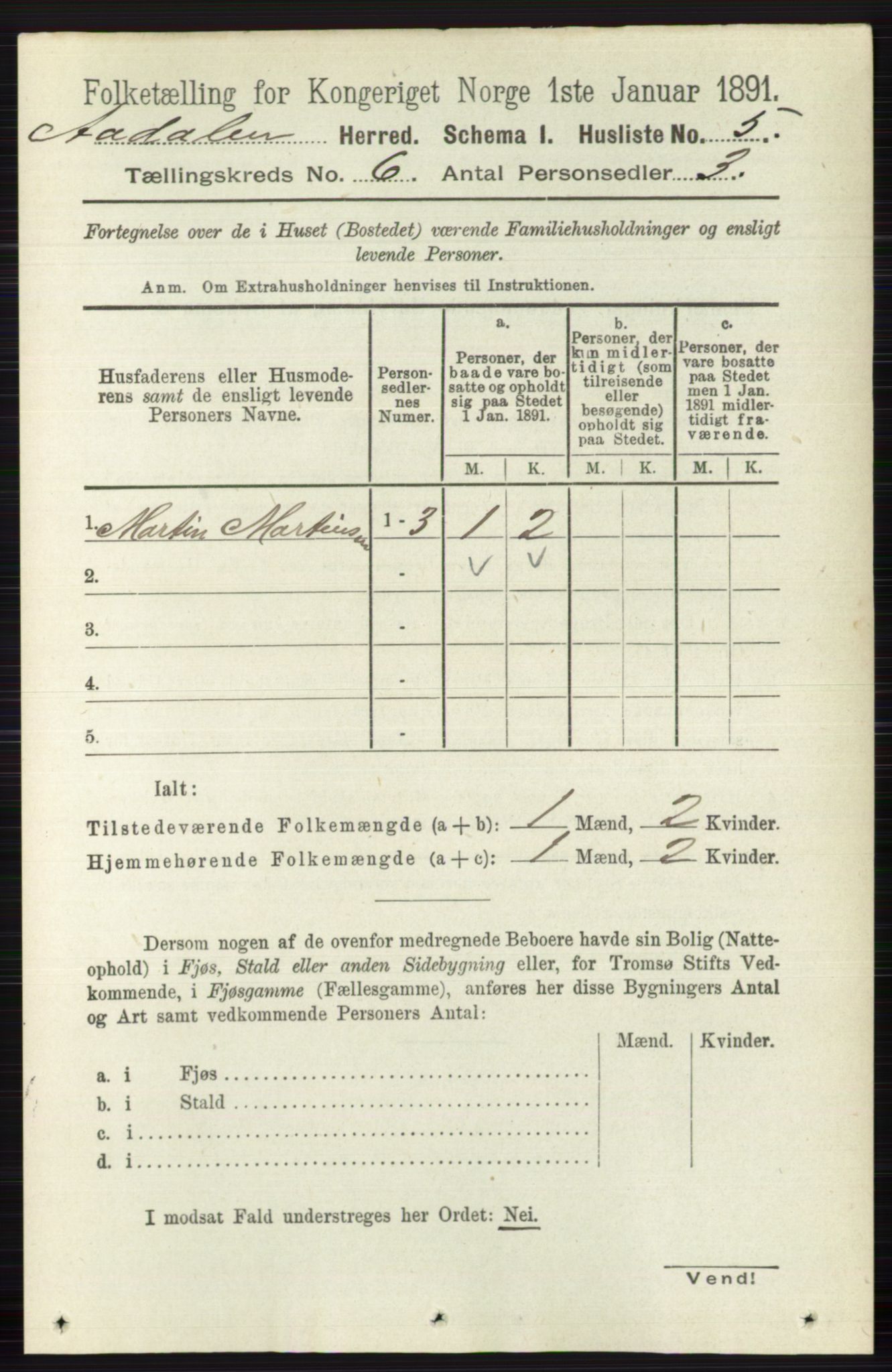 RA, 1891 census for 0614 Ådal, 1891, p. 2543