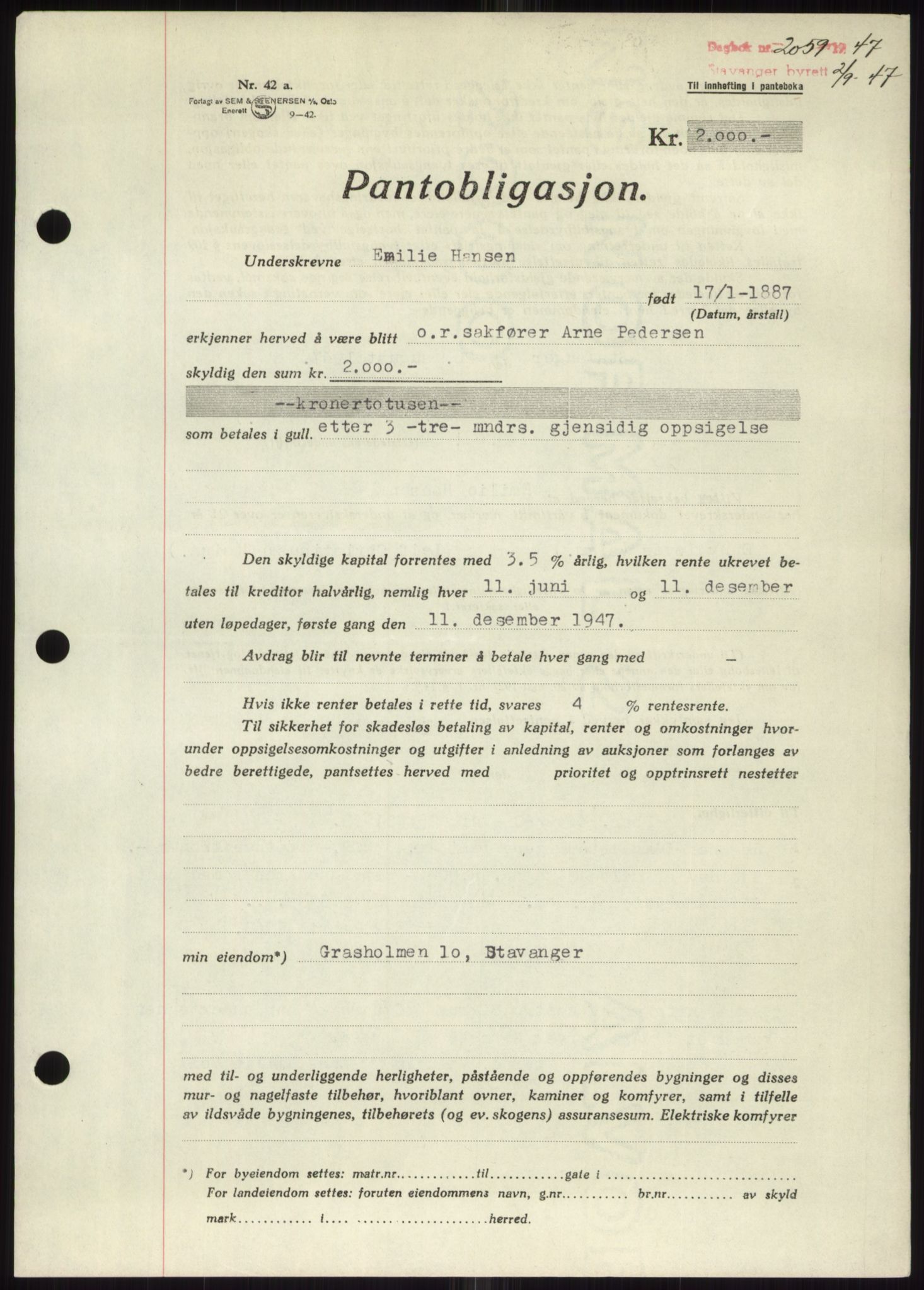 Stavanger byrett, SAST/A-100455/002/G/Gb/L0032: Mortgage book, 1947-1950, Diary no: : 2059/1947