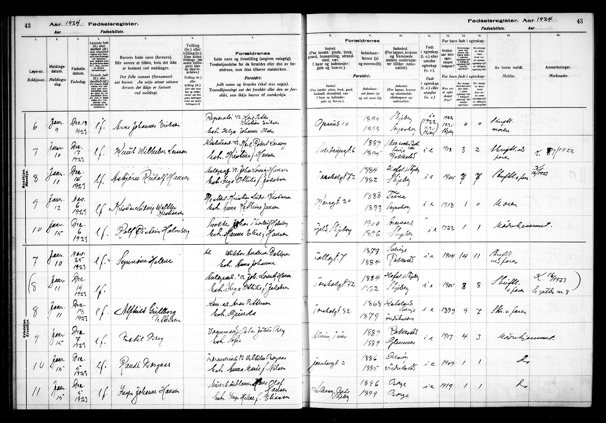 Sarpsborg prestekontor Kirkebøker, AV/SAO-A-2006/J/Ja/L0002: Birth register no. 2, 1922-1928, p. 43