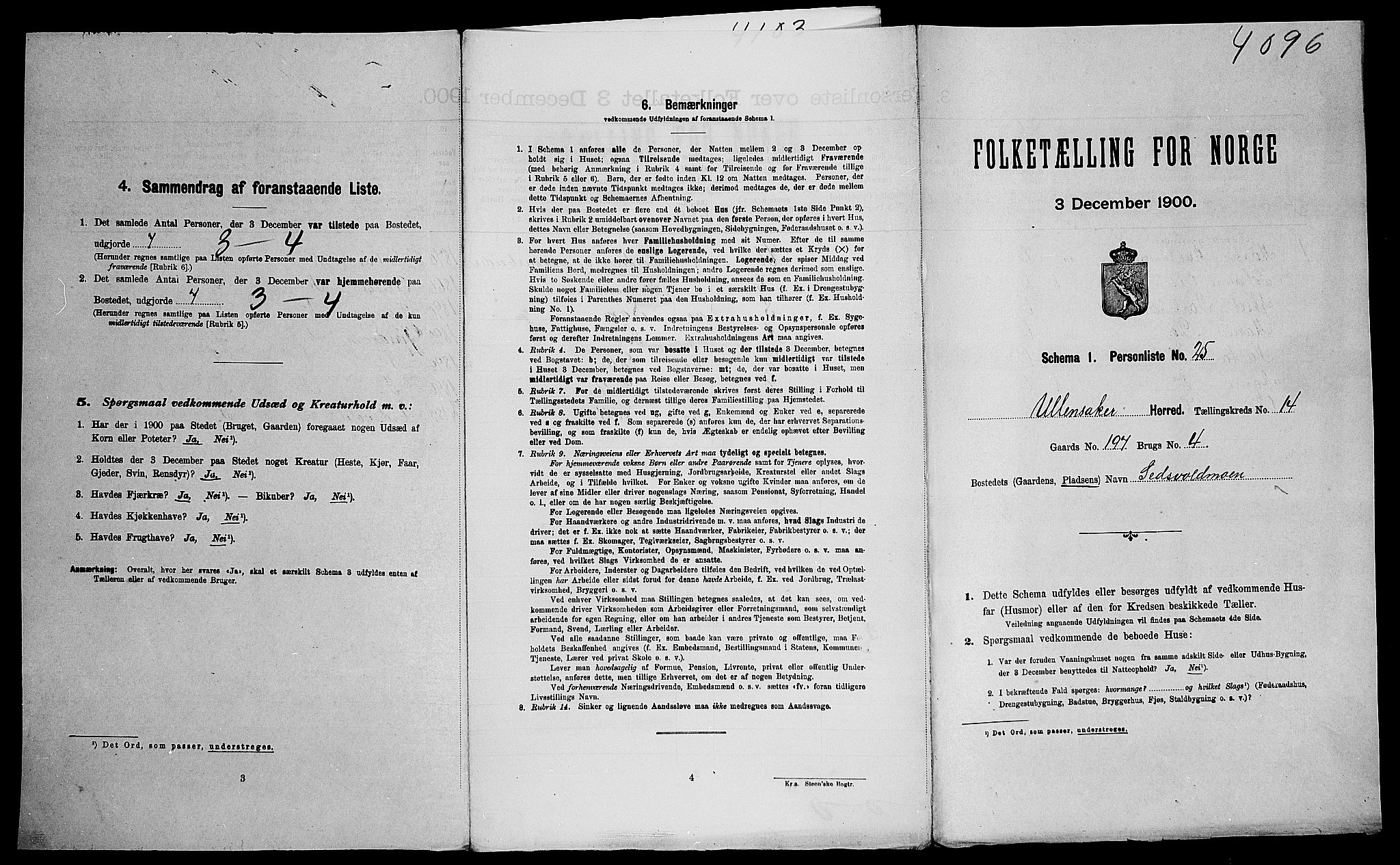 SAO, 1900 census for Ullensaker, 1900