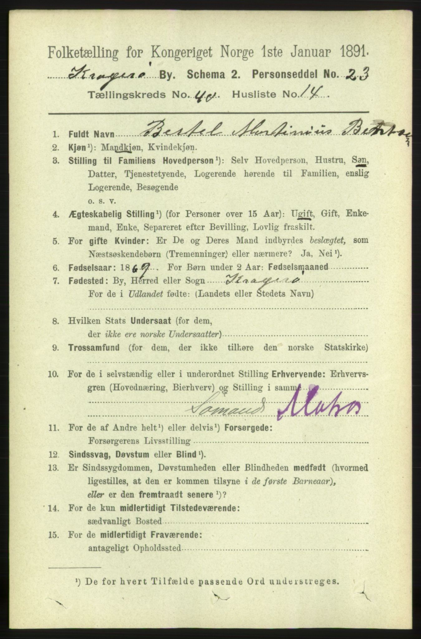 RA, 1891 census for 0801 Kragerø, 1891, p. 7504