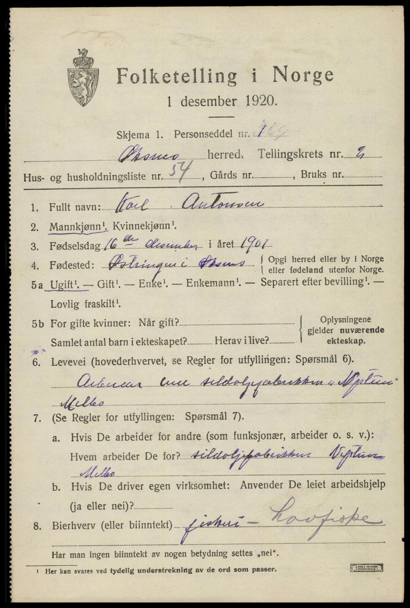 SAT, 1920 census for Øksnes, 1920, p. 2388