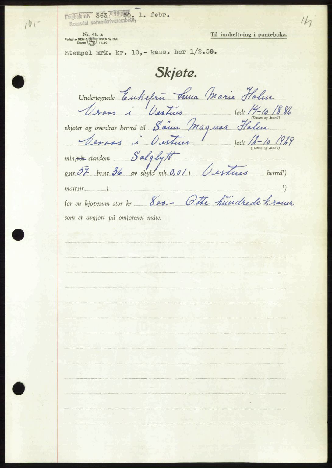 Romsdal sorenskriveri, AV/SAT-A-4149/1/2/2C: Mortgage book no. A32, 1950-1950, Diary no: : 363/1950