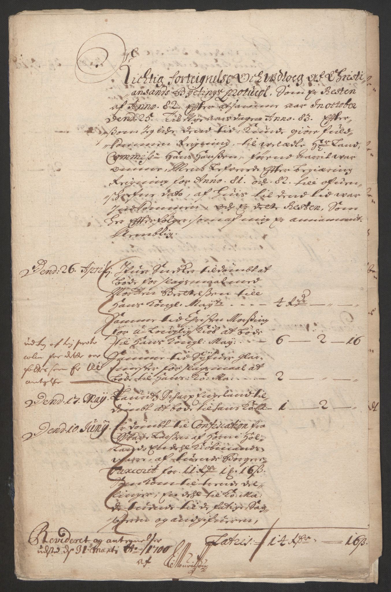 Rentekammeret inntil 1814, Reviderte regnskaper, Byregnskaper, AV/RA-EA-4066/R/Rm/L0285: [M18] Sikt og sakefall, 1681-1718, p. 13