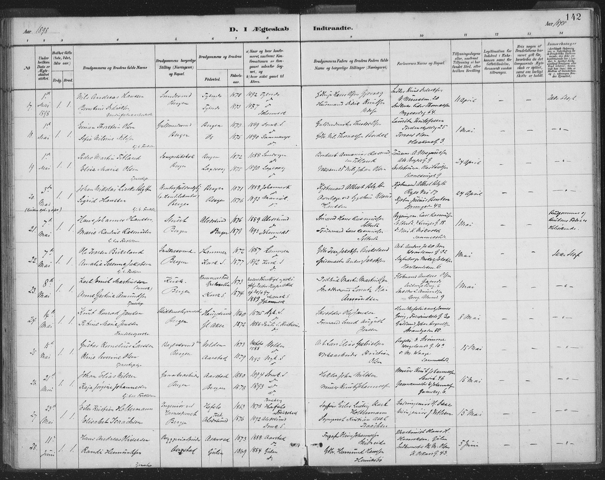 Domkirken sokneprestembete, AV/SAB-A-74801/H/Hab/L0032: Parish register (copy) no. D 4, 1880-1907, p. 142
