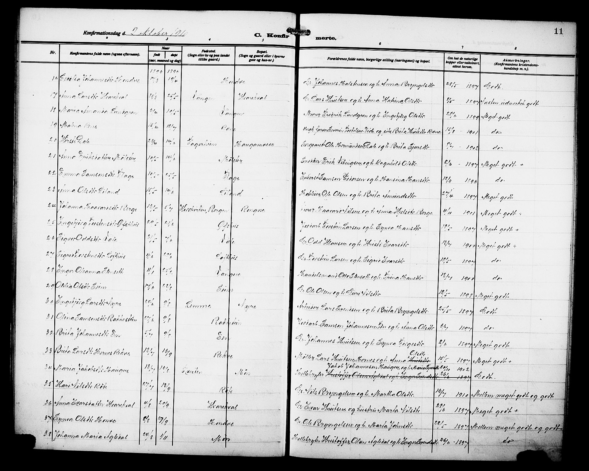 Voss sokneprestembete, SAB/A-79001/H/Hab: Parish register (copy) no. D 2, 1910-1931, p. 11