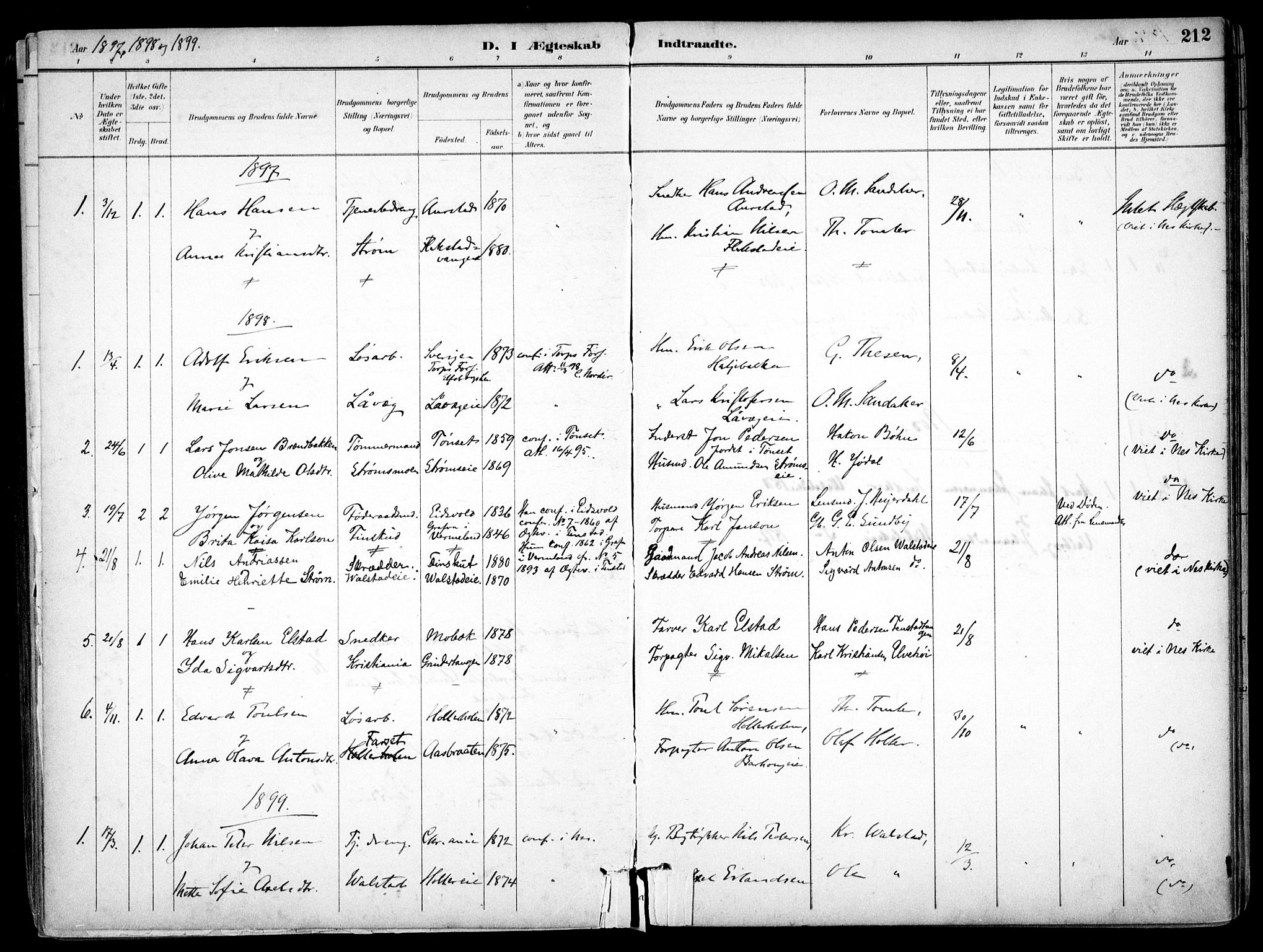 Nes prestekontor Kirkebøker, SAO/A-10410/F/Fb/L0002: Parish register (official) no. II 2, 1883-1918, p. 212