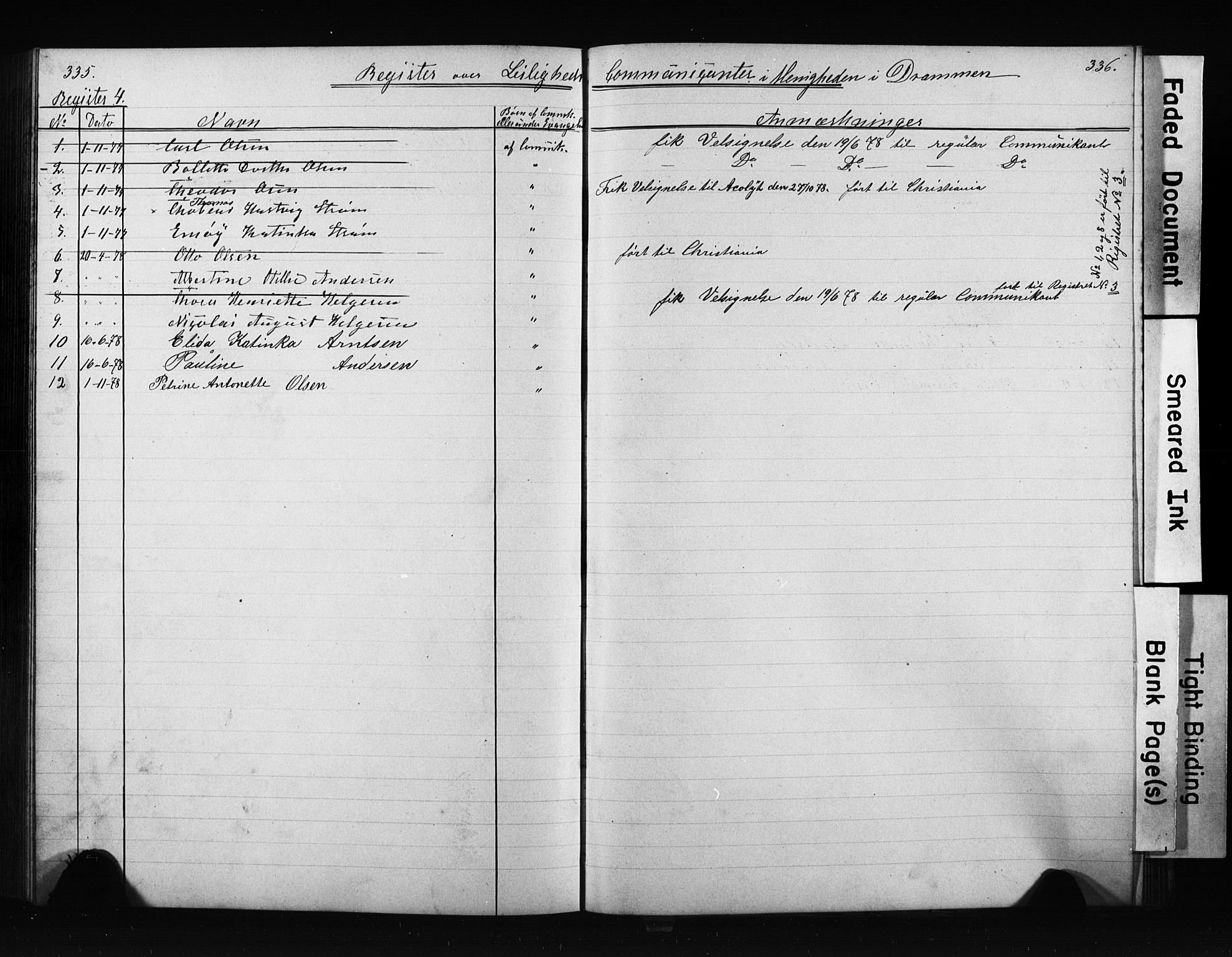 Den katolsk apostoliske menighet i Oslo , AV/SAO-PAO-0214/F/Fb/L0001: Dissenter register no. 1, 1877-1894, p. 335-336