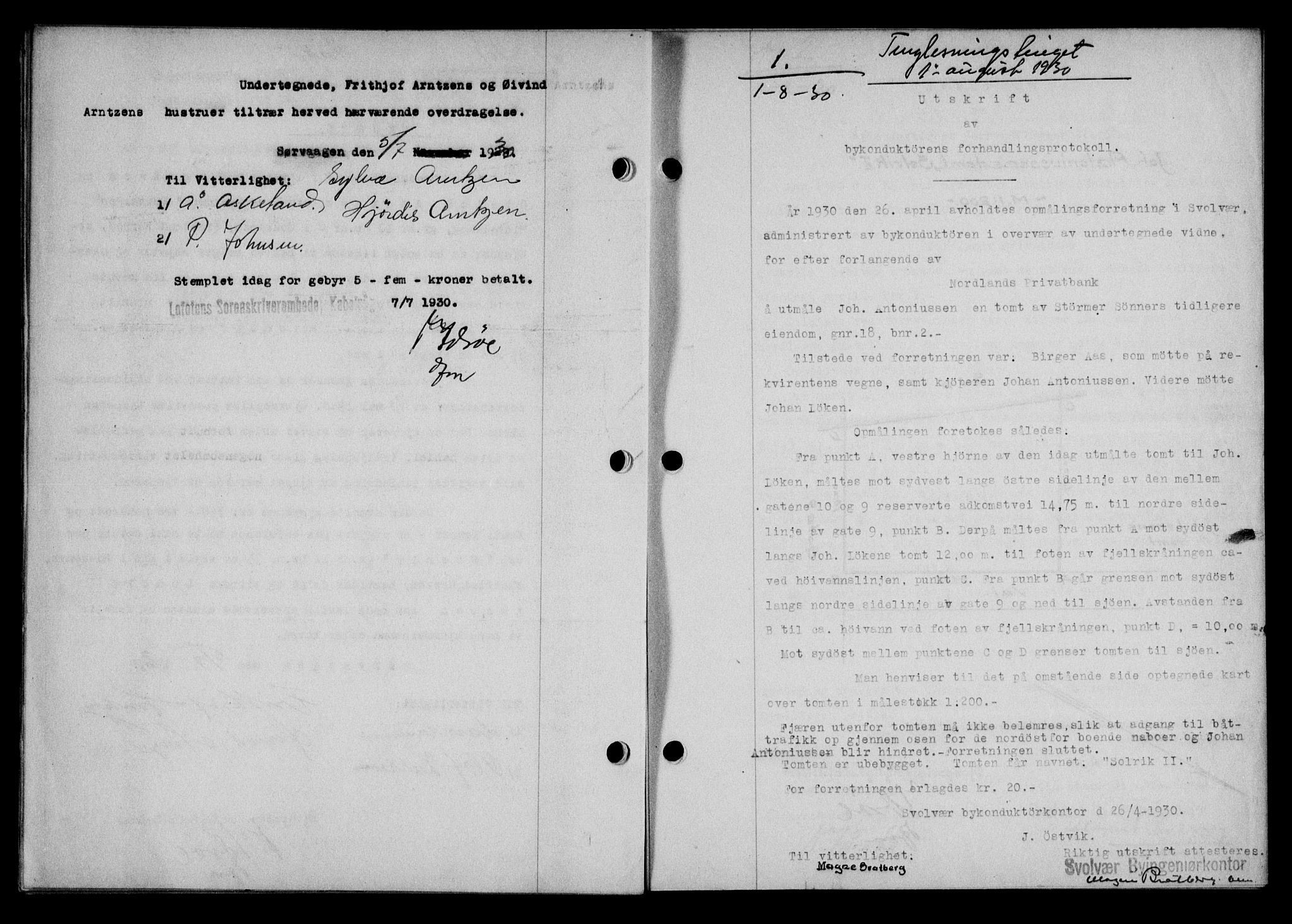 Lofoten sorenskriveri, AV/SAT-A-0017/1/2/2C/L0022b: Mortgage book no. 22b, 1930-1930, Deed date: 01.08.1930