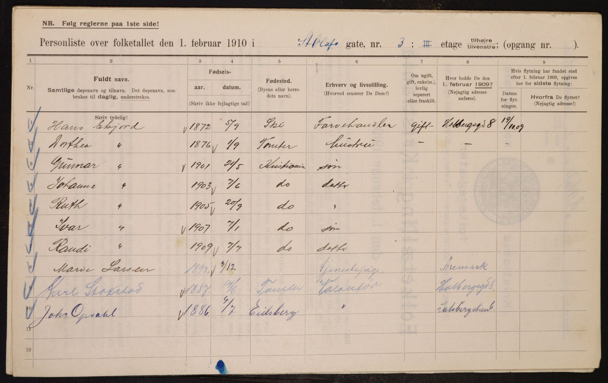 OBA, Municipal Census 1910 for Kristiania, 1910, p. 84096