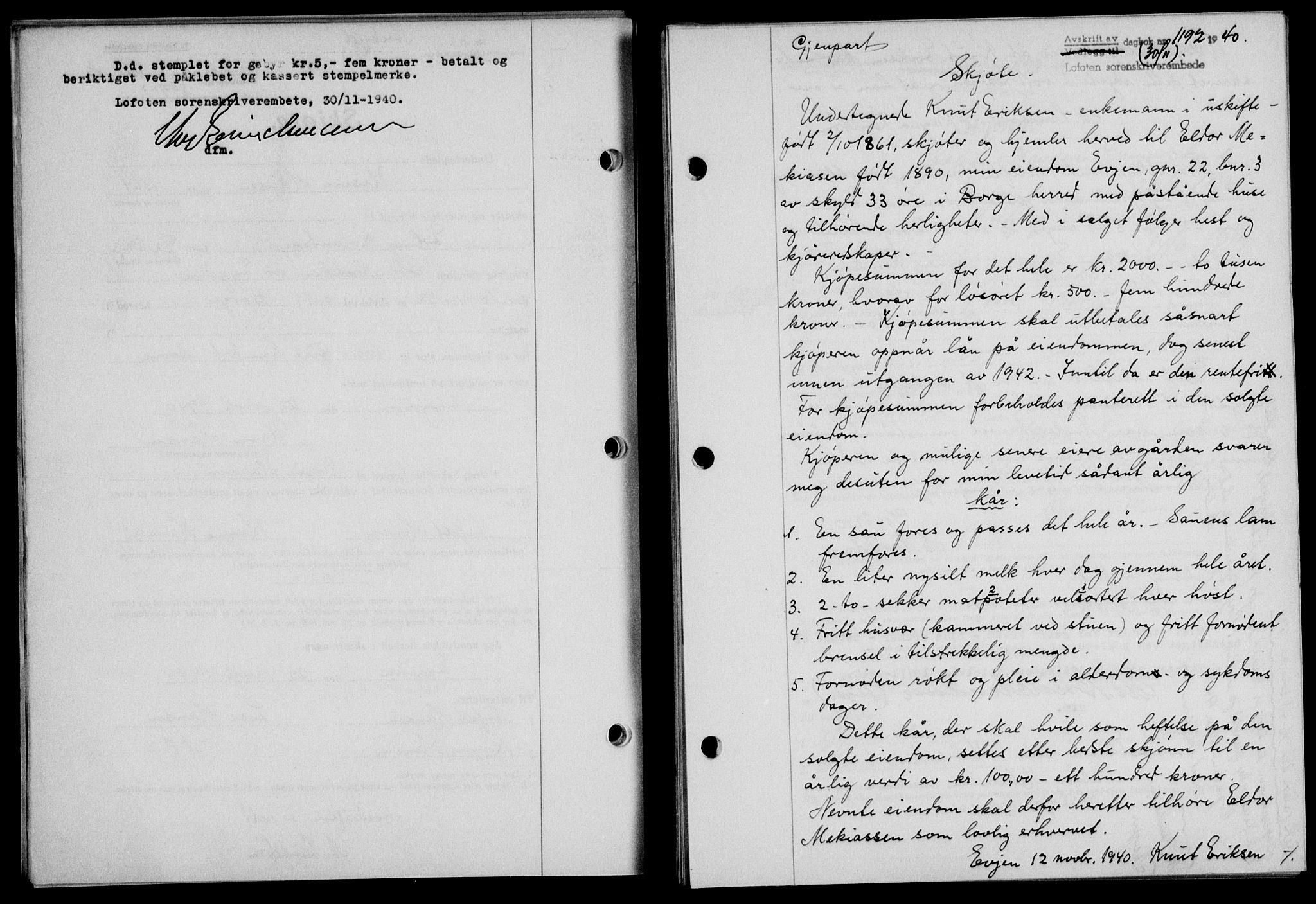 Lofoten sorenskriveri, SAT/A-0017/1/2/2C/L0008a: Mortgage book no. 8a, 1940-1941, Diary no: : 1192/1940