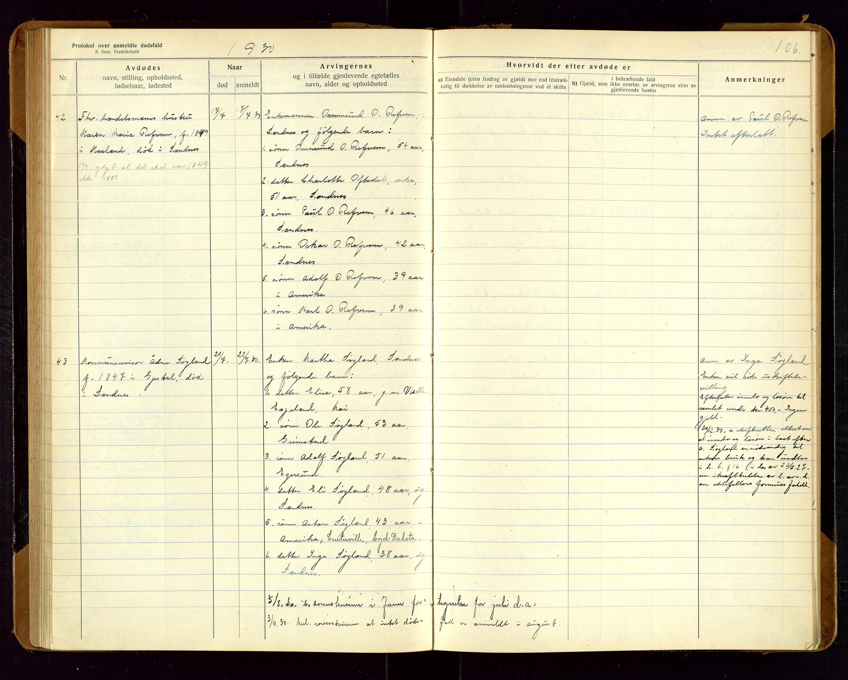 Sandnes lensmannskontor, AV/SAST-A-100167/Gga/L0001: "Protokol over anmeldte dødsfald" m/register, 1918-1940, p. 106