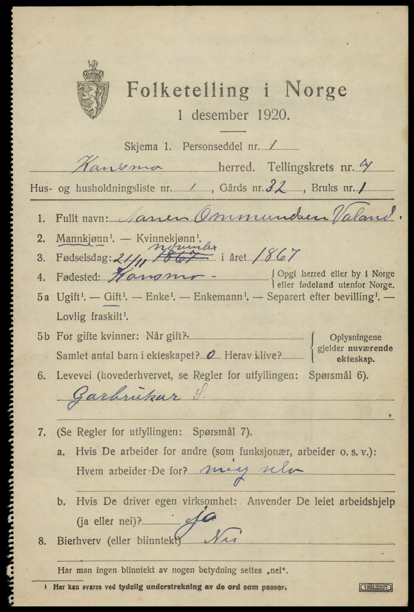 SAK, 1920 census for Konsmo, 1920, p. 1198