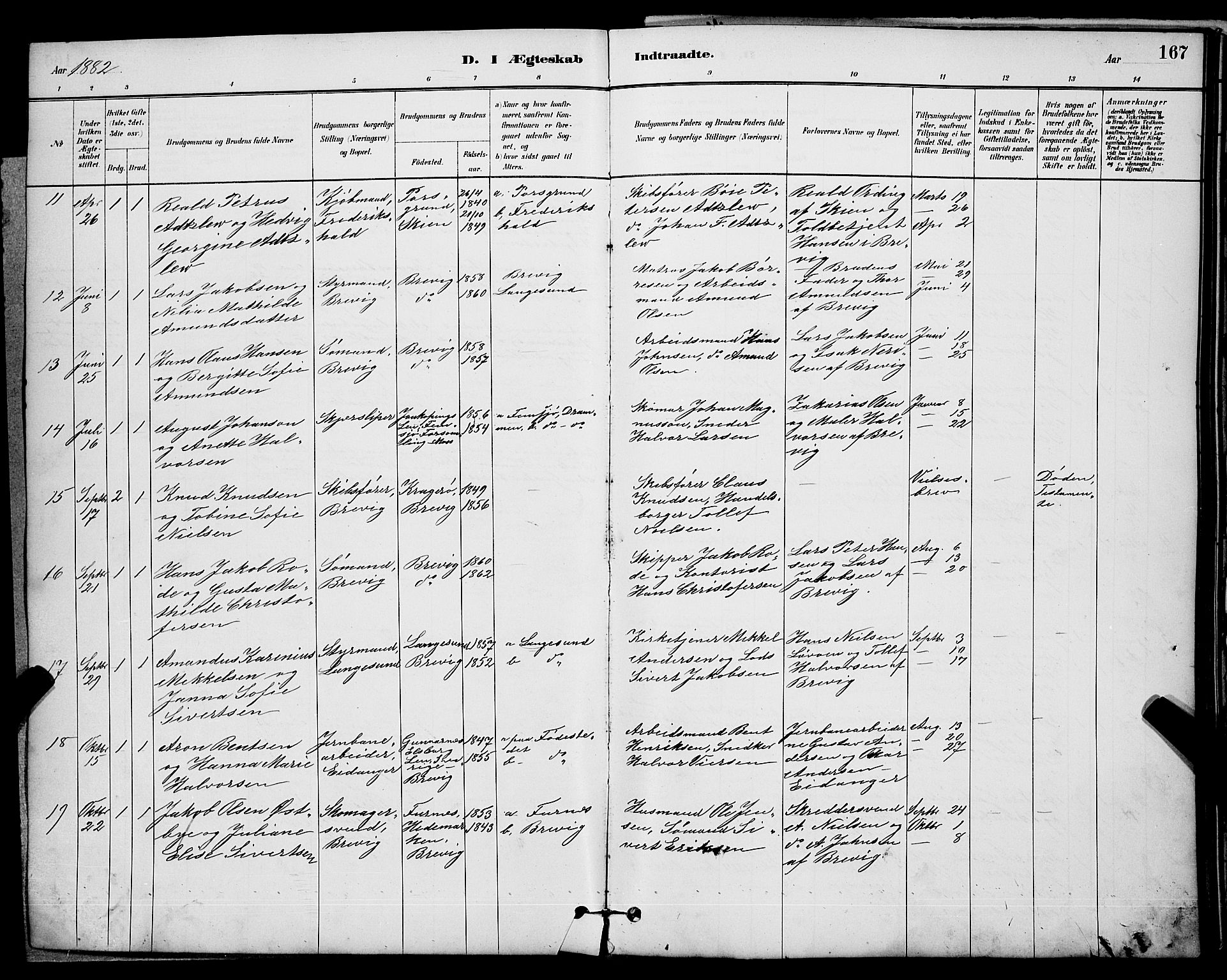 Brevik kirkebøker, AV/SAKO-A-255/G/Ga/L0004: Parish register (copy) no. 4, 1882-1900, p. 167