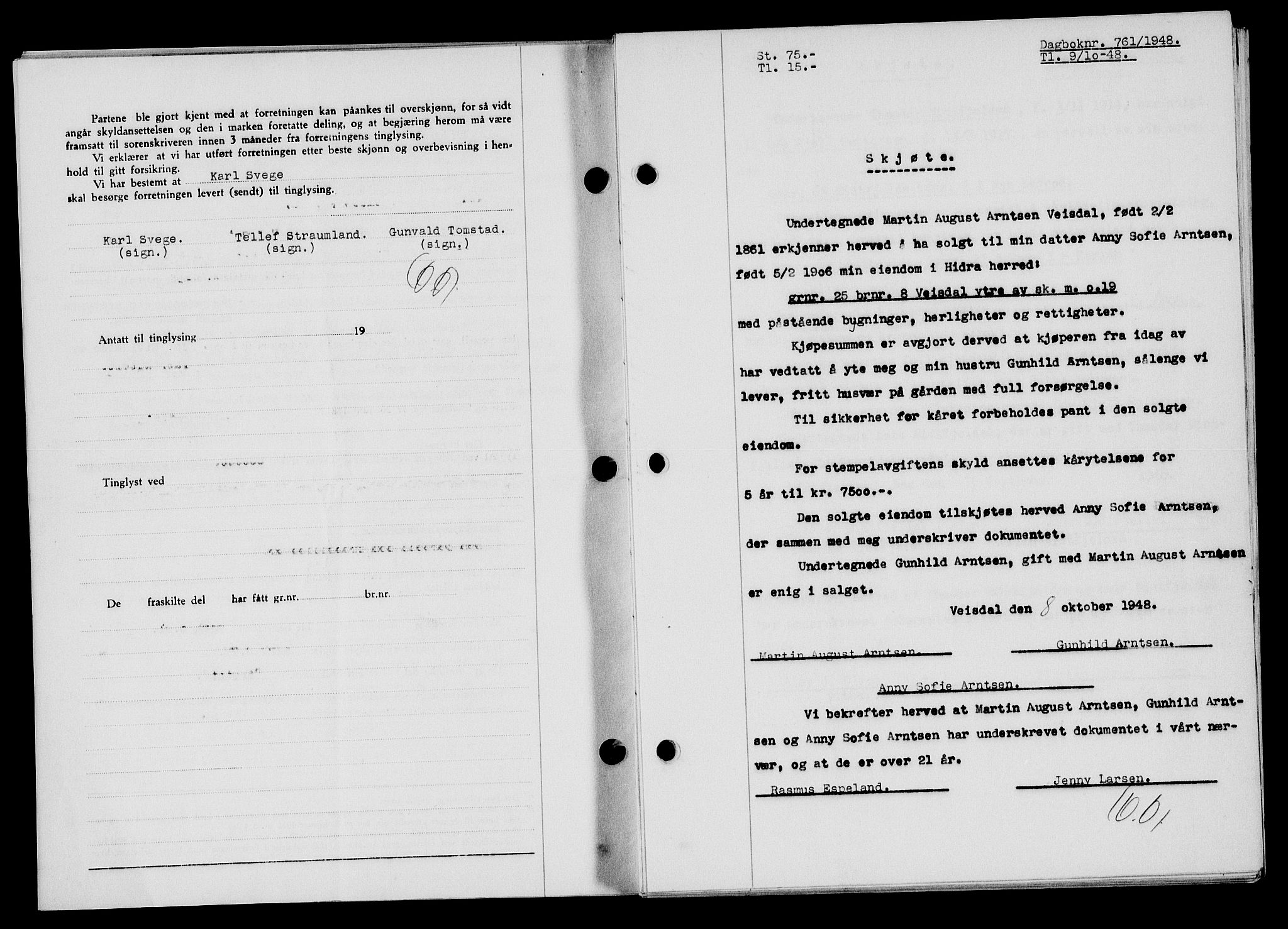Flekkefjord sorenskriveri, SAK/1221-0001/G/Gb/Gba/L0064: Mortgage book no. A-12, 1948-1949, Diary no: : 761/1948