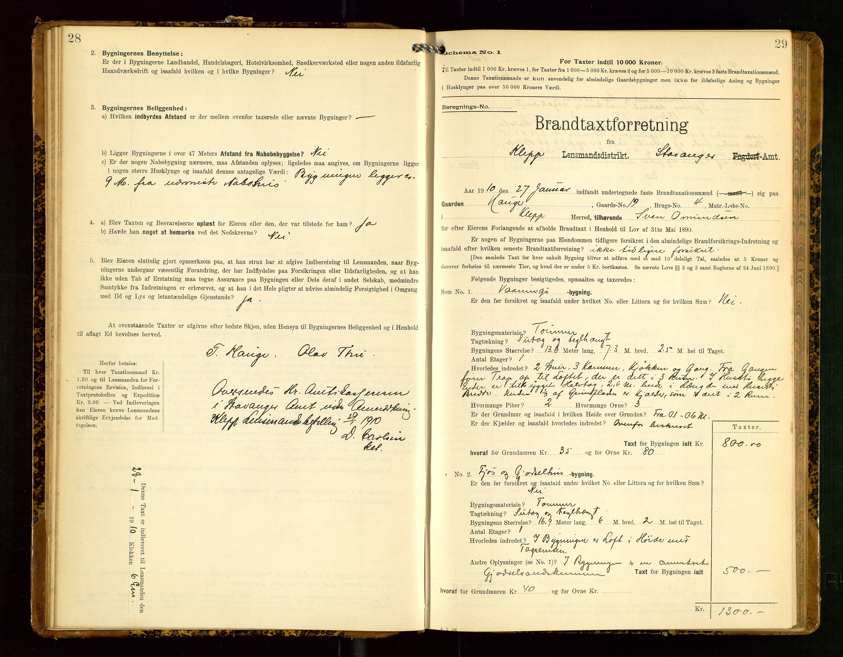 Klepp lensmannskontor, AV/SAST-A-100163/Goc/L0005: "Brandtaxationsprotokol" m/register, 1908, p. 28-29