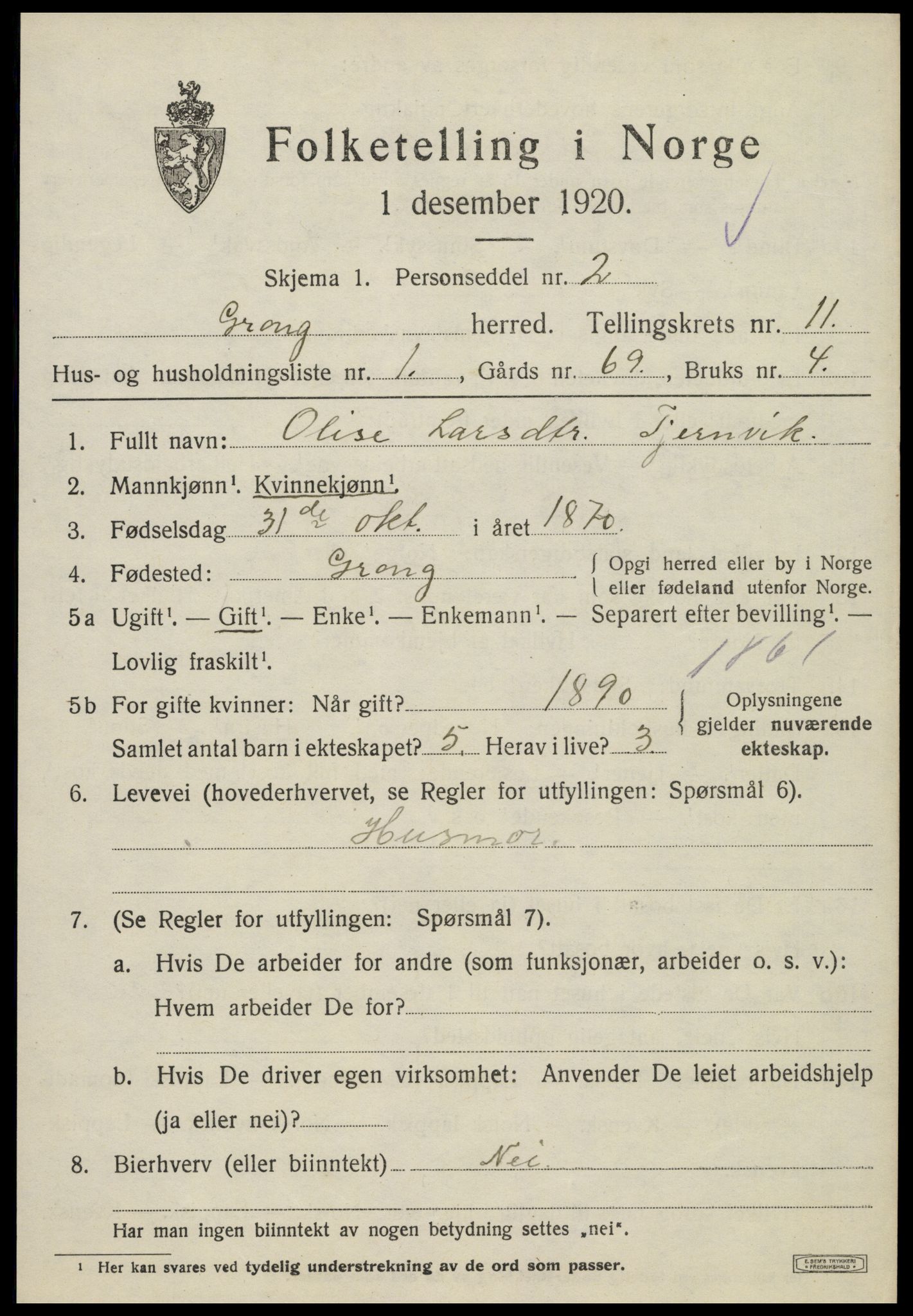 SAT, 1920 census for Grong, 1920, p. 6265