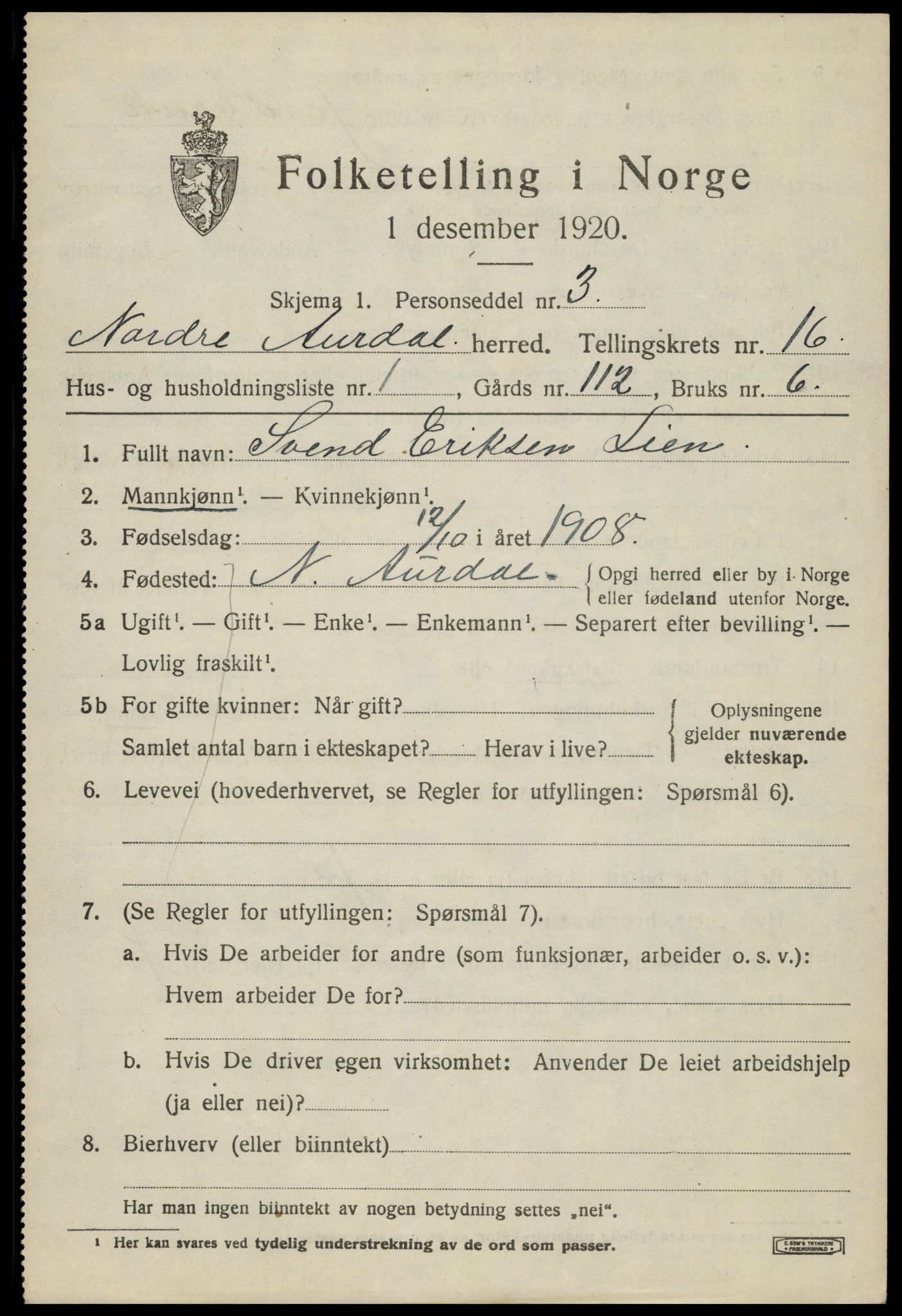 SAH, 1920 census for Nord-Aurdal, 1920, p. 11740