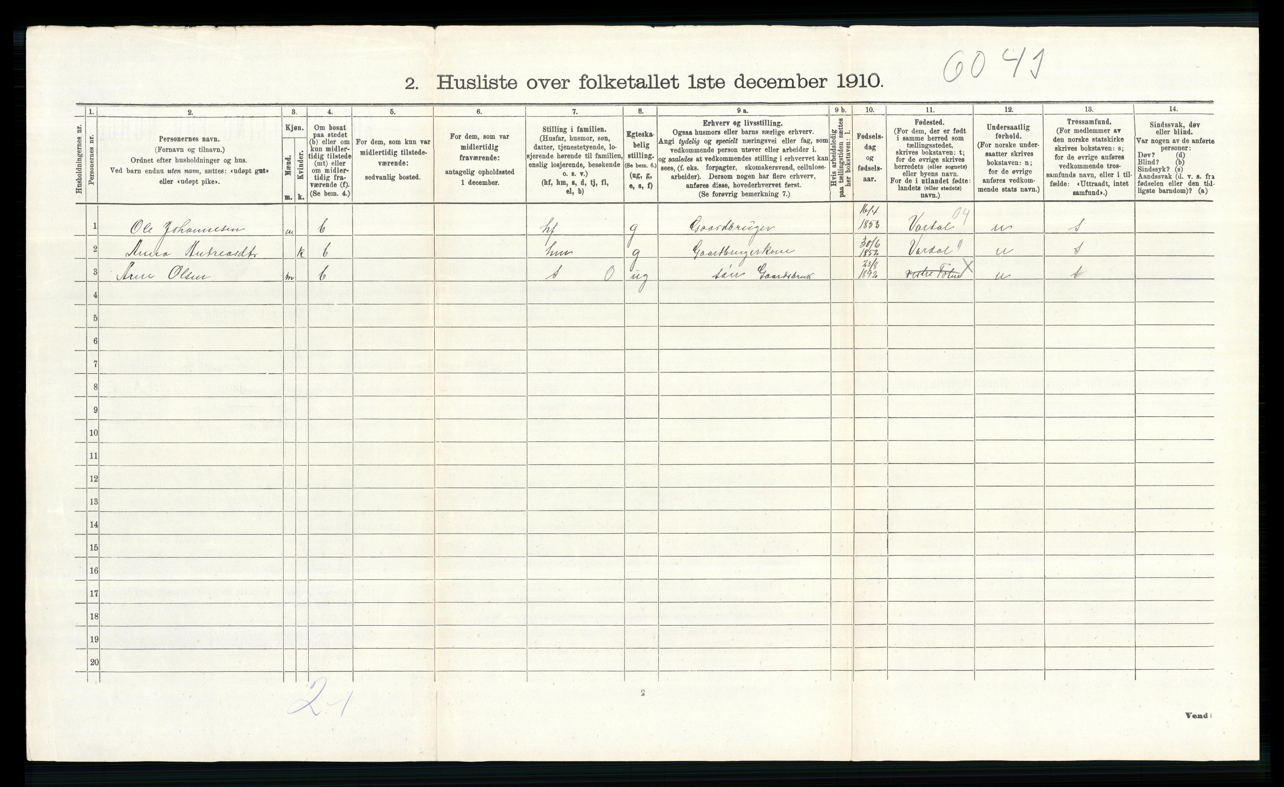 RA, 1910 census for Vestre Toten, 1910, p. 1024