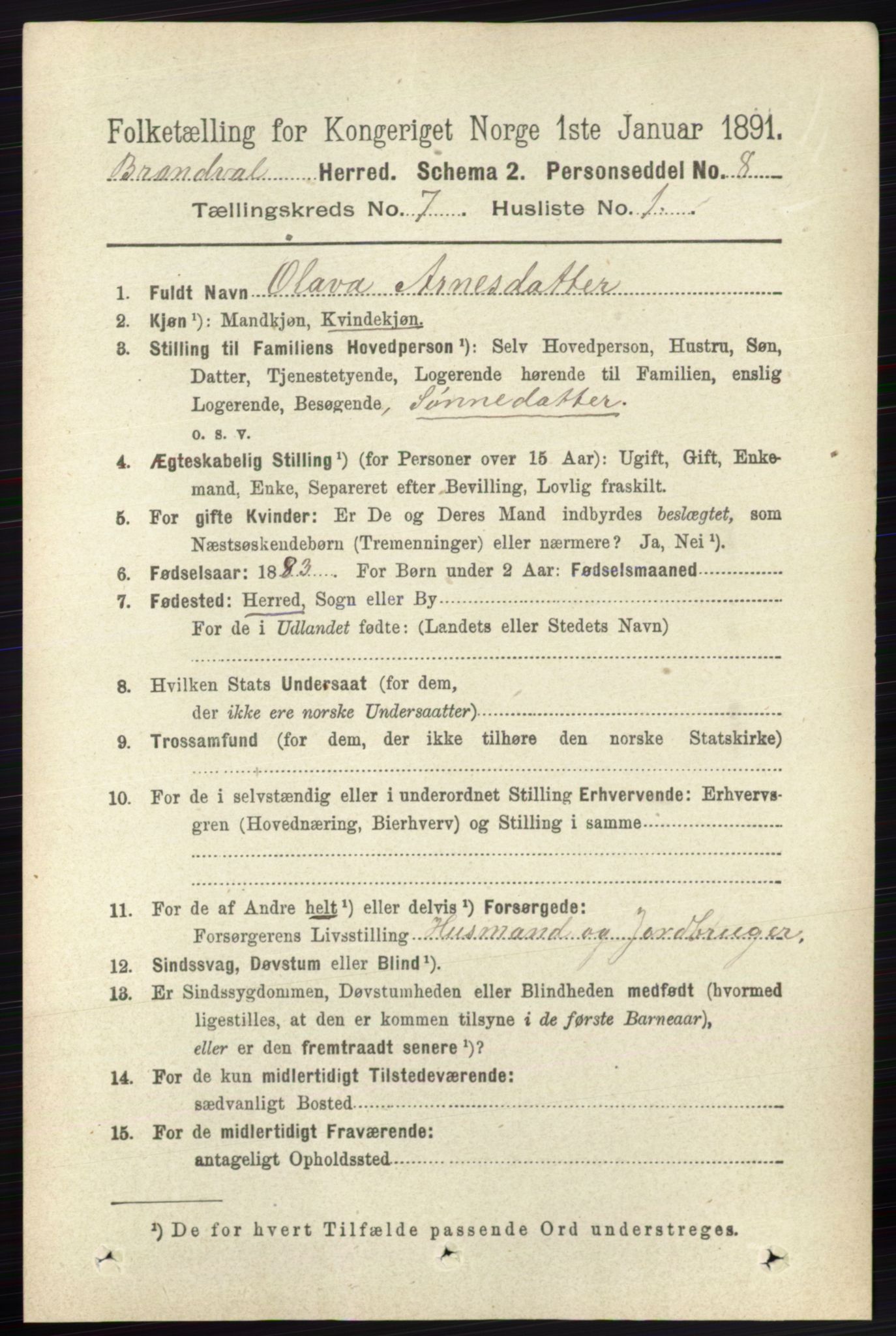 RA, 1891 census for 0422 Brandval, 1891, p. 3332