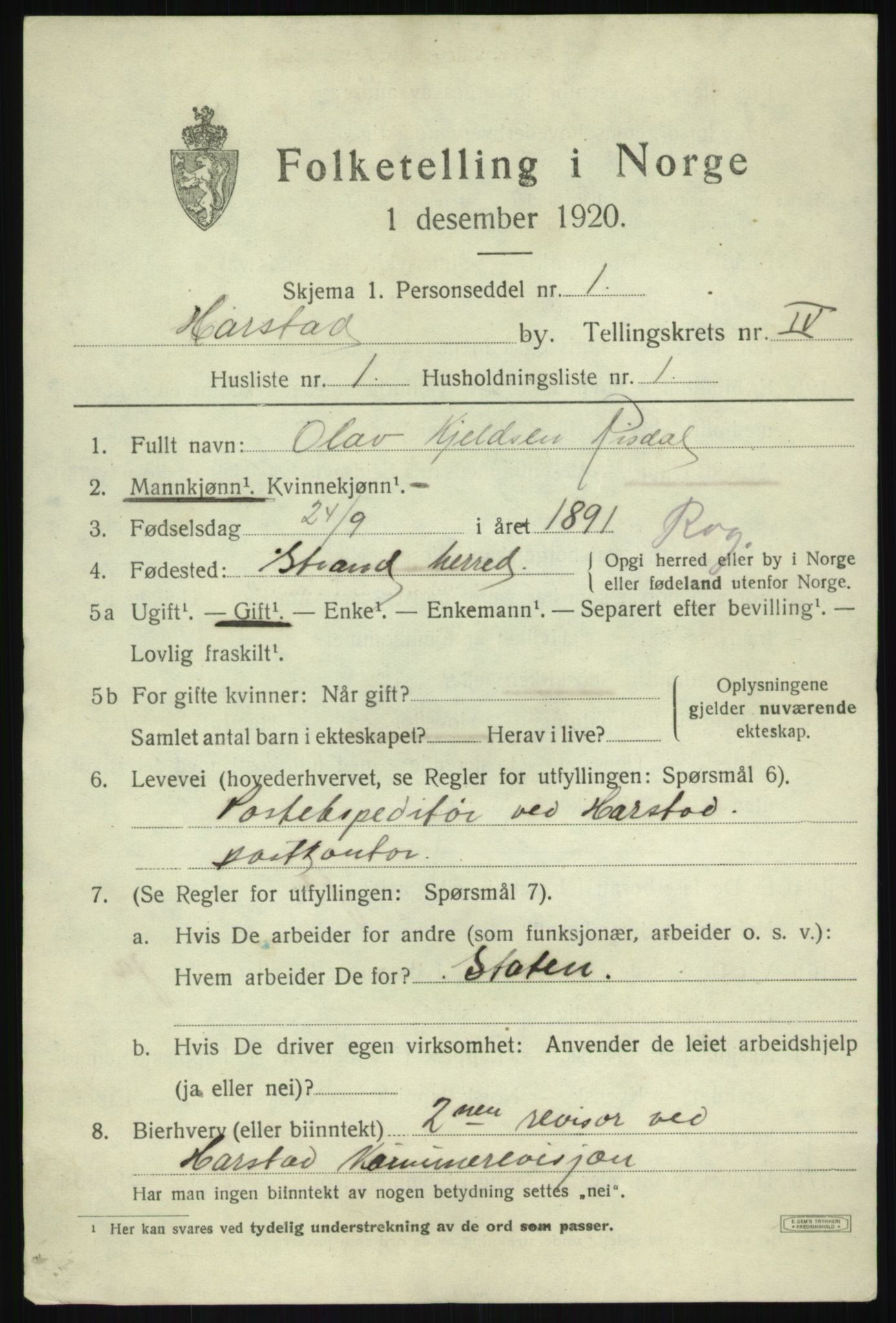 SATØ, 1920 census for Harstad, 1920, p. 5154