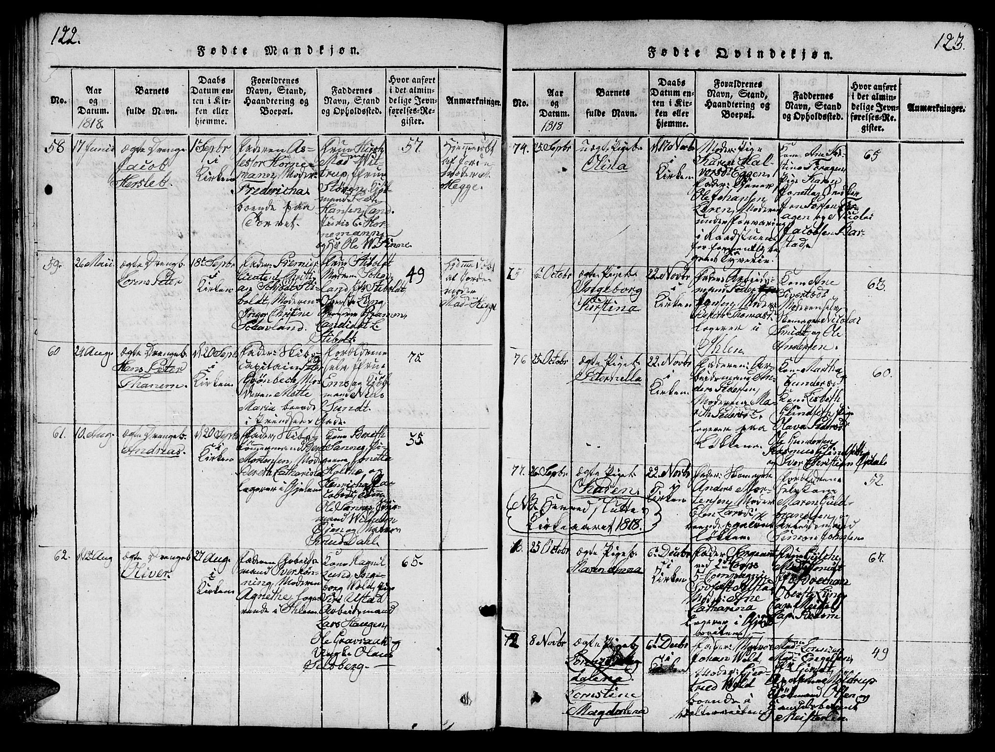 Ministerialprotokoller, klokkerbøker og fødselsregistre - Sør-Trøndelag, SAT/A-1456/601/L0043: Parish register (official) no. 601A11, 1815-1821, p. 122-123