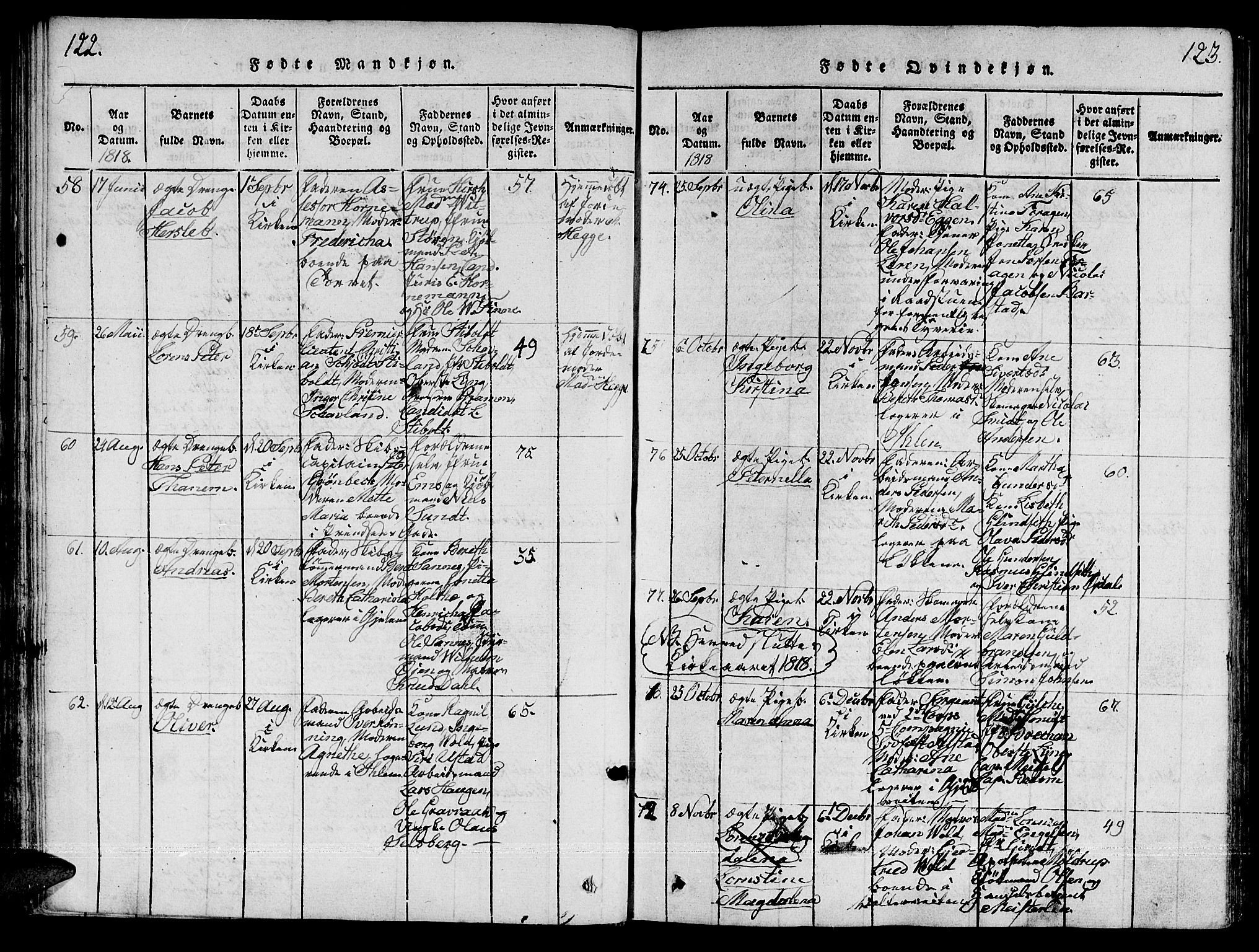 Ministerialprotokoller, klokkerbøker og fødselsregistre - Sør-Trøndelag, AV/SAT-A-1456/601/L0043: Parish register (official) no. 601A11, 1815-1821, p. 122-123