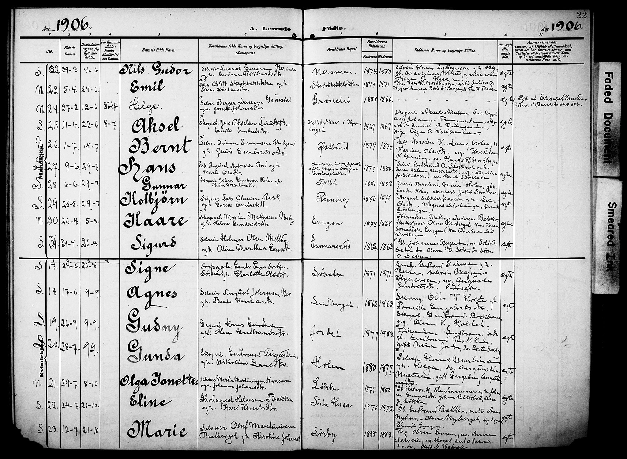 Elverum prestekontor, SAH/PREST-044/H/Ha/Haa/L0016: Parish register (official) no. 16, 1903-1912, p. 22