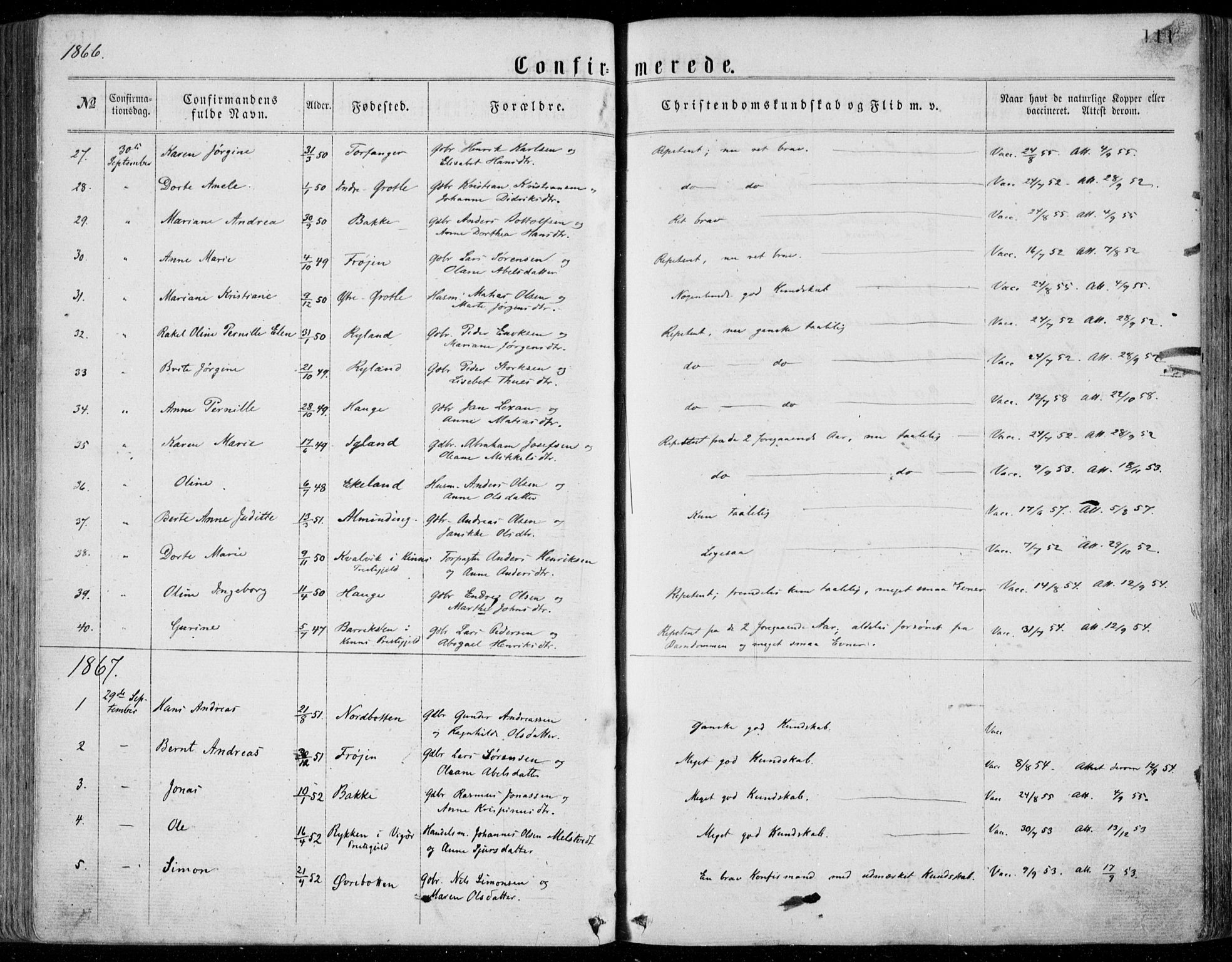 Bremanger sokneprestembete, SAB/A-82201/H/Haa/Haaa/L0001: Parish register (official) no. A  1, 1864-1883, p. 111